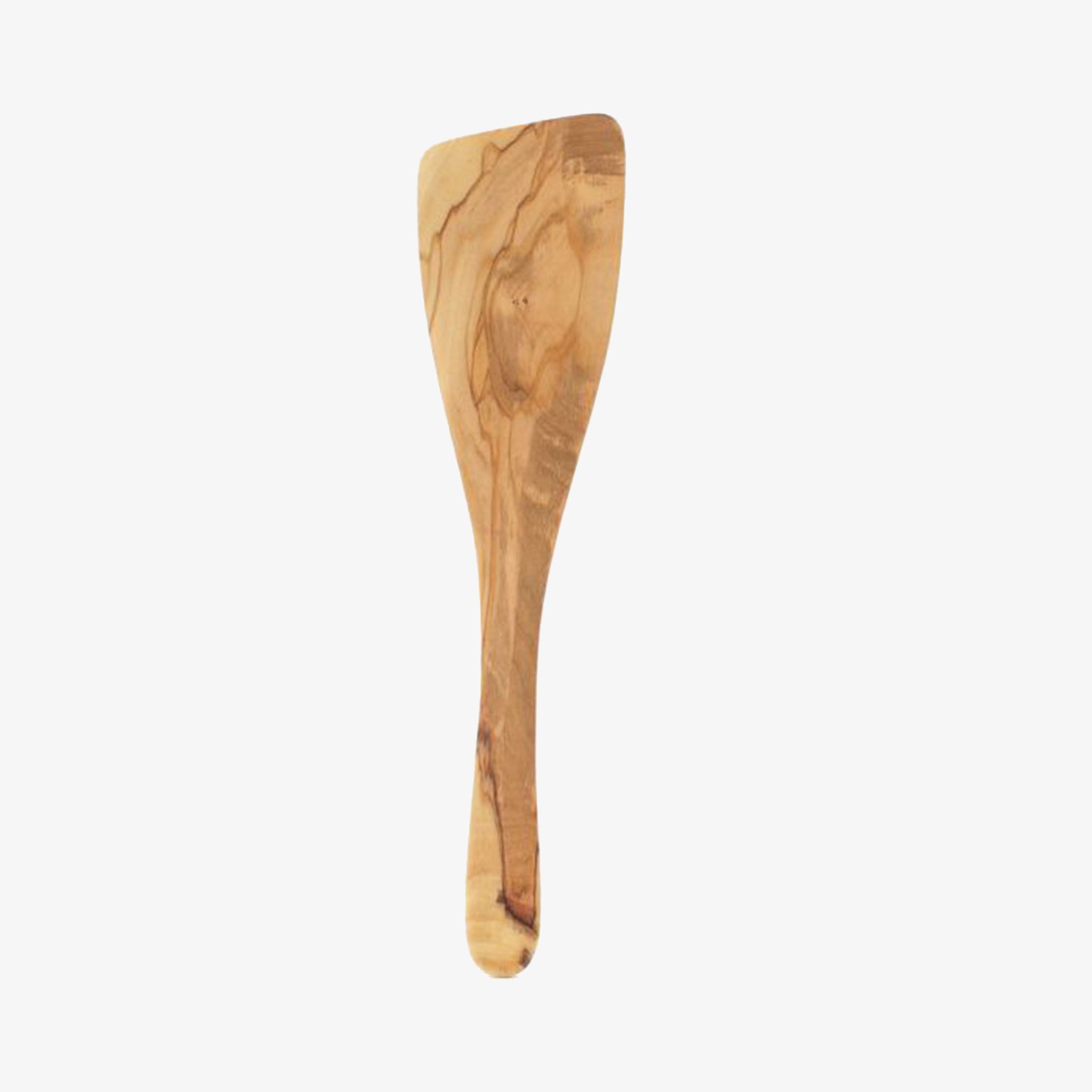 Olive wood twelve and a half inch long spatula with slightly slanted top on a white background