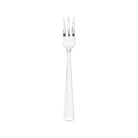 Small three prong stainless steel oyster fork on a white background