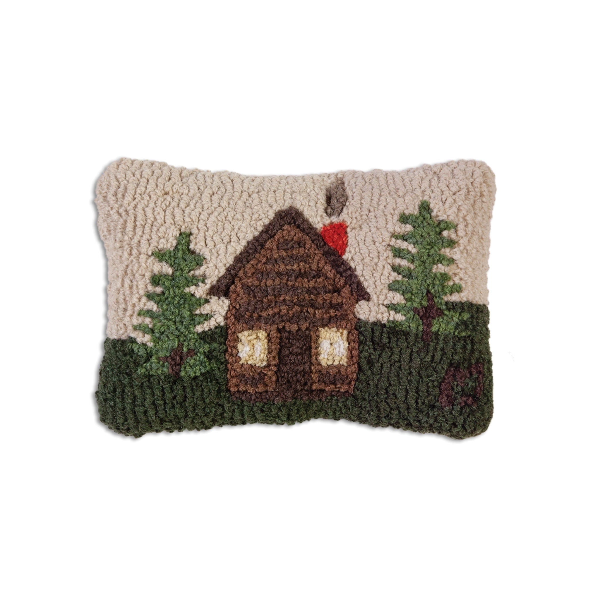 Cabin Hand Hooked Throw Pillow on a white background