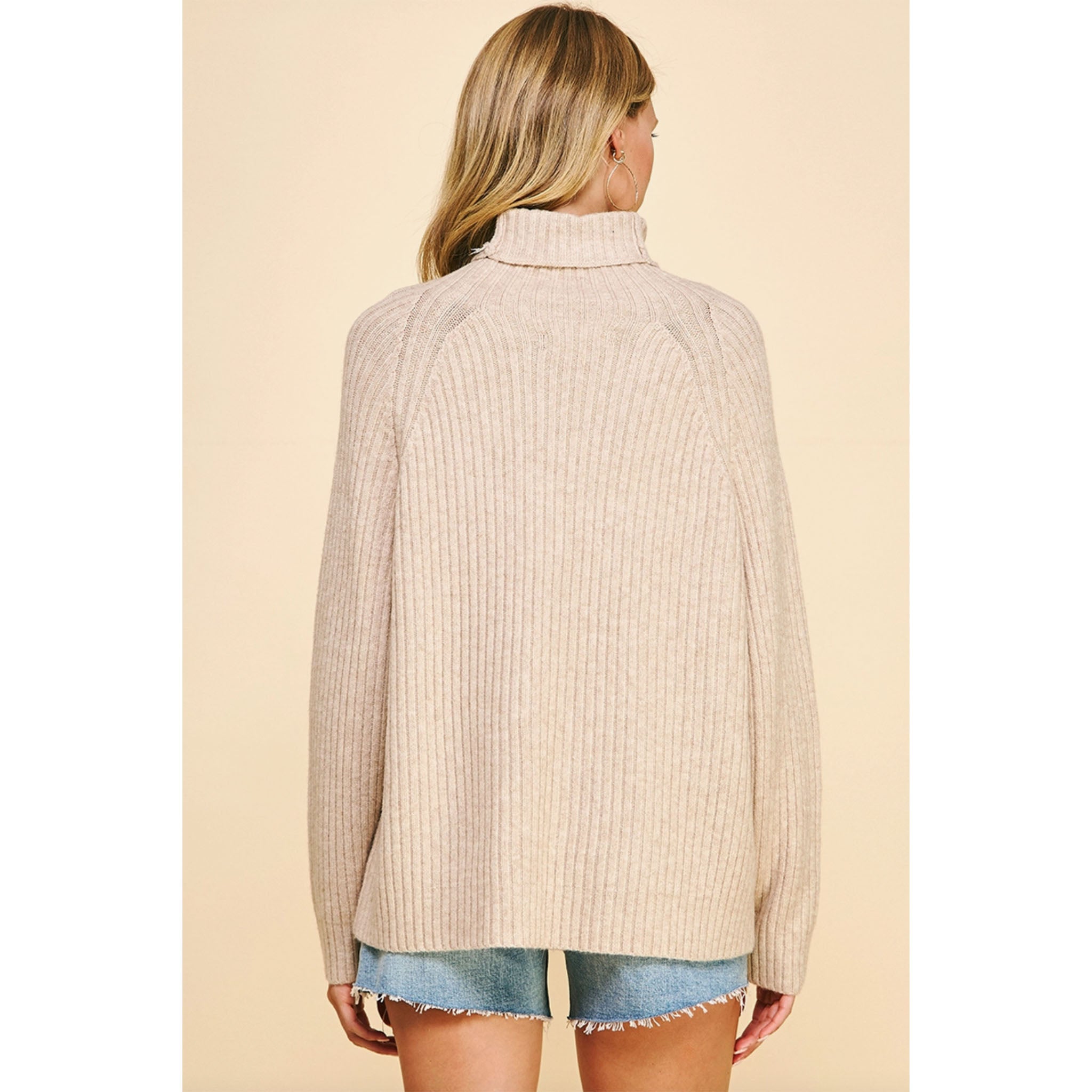 Pinch Ribbed Turtleneck Sweater in Oatmeal - Addison West 