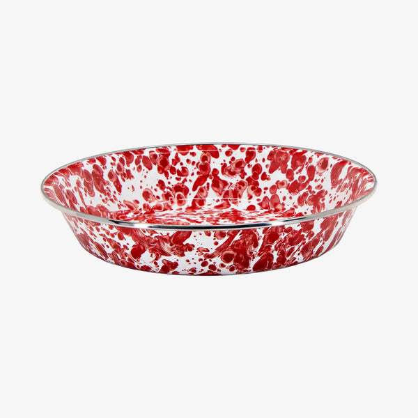 Golden Rabbit brand Red  and white Swirl Enamelware Pie Plate on a white background