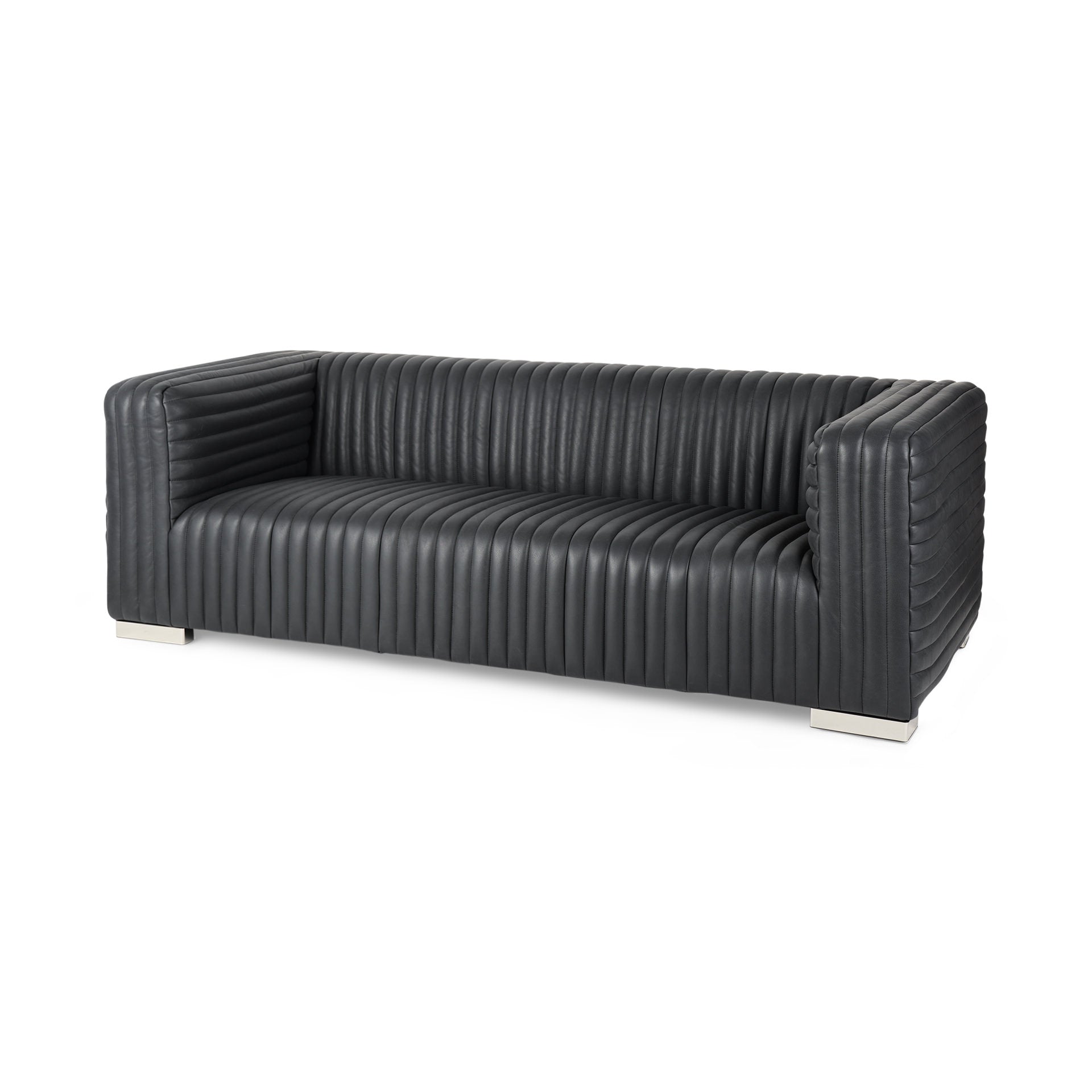 Ricciardo ribbed Black Leather Wrapped Three Seater Sofa on a white background