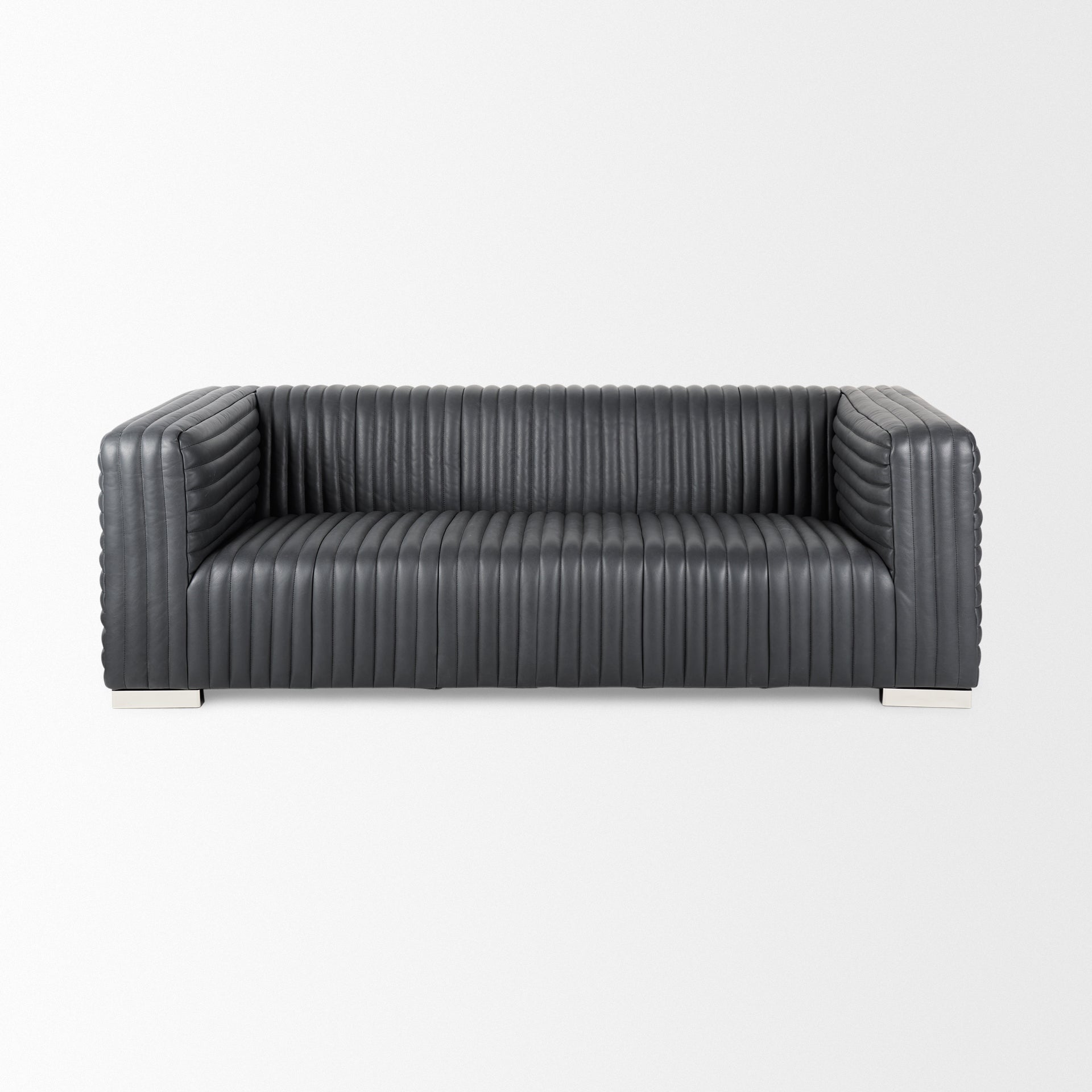 Marcana brand Ricciardo ribbed Black Leather Wrapped Three Seater Sofa on a white background