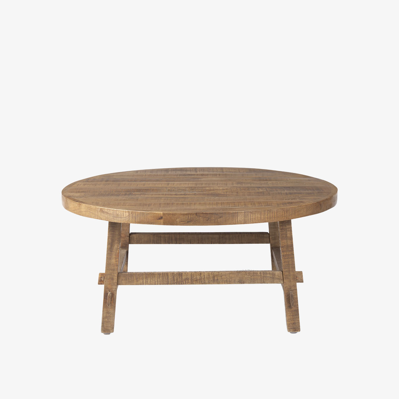 Honey stained wood round coffee table with square dowel legs and bracing on a white background