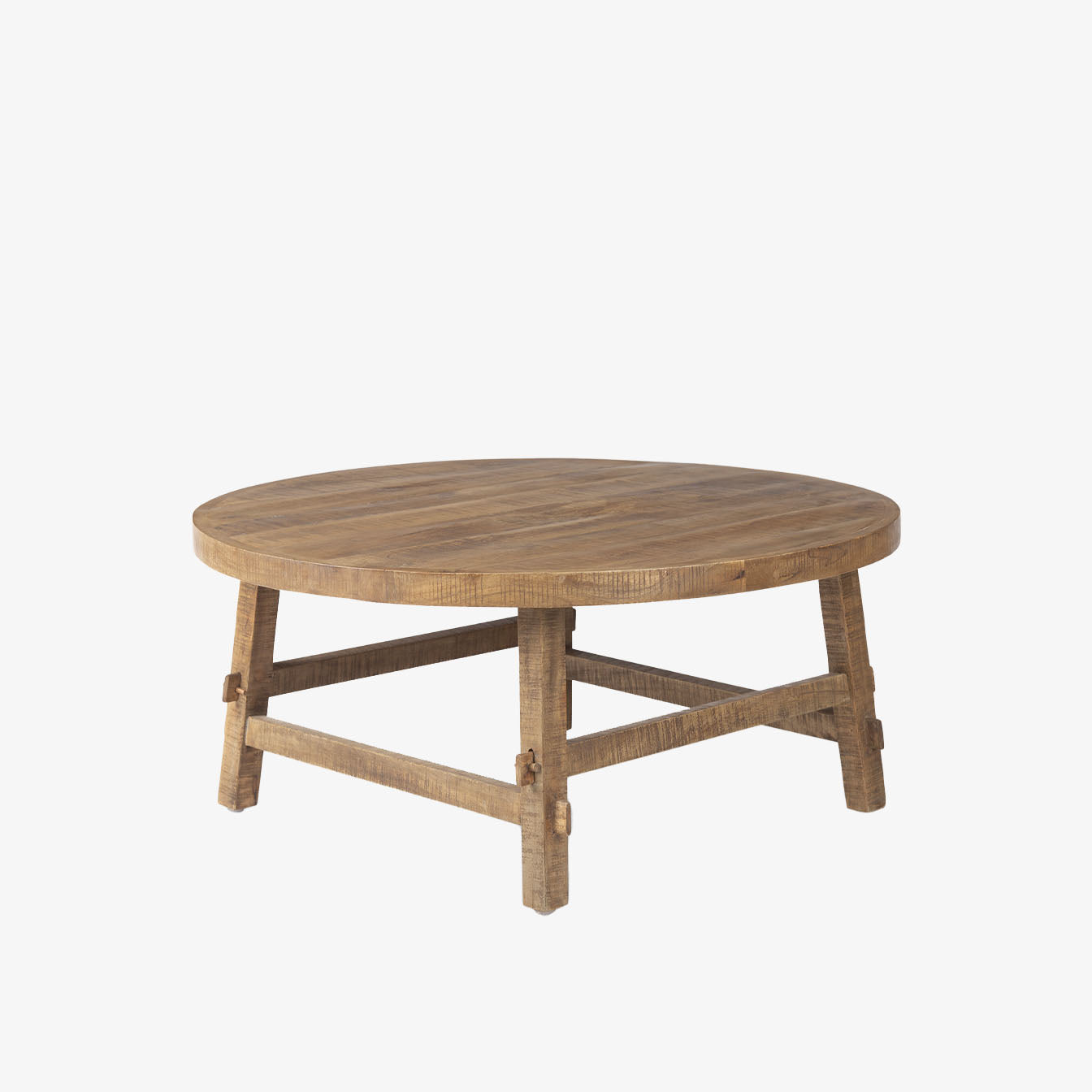 Honey stained wood round coffee table with square dowel legs and bracing on a white background