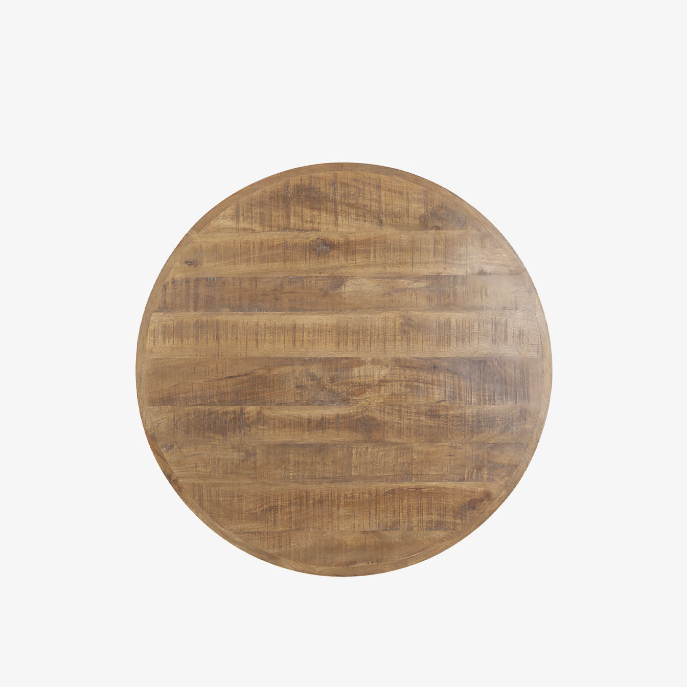 Honey stained wood round coffee table with square dowel legs and bracing on a white background