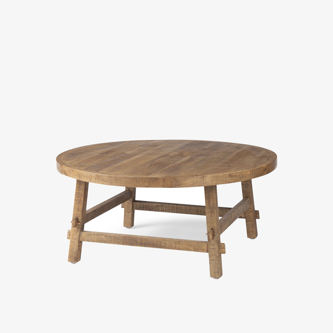 Honey stained wood round coffee table with square dowel legs and bracing on a white background