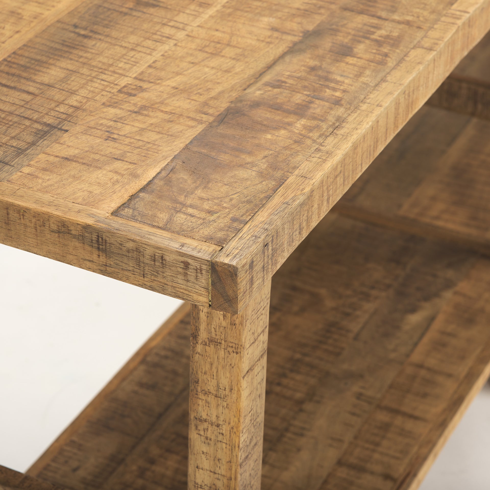 Close up of Rosie Large Brown Wood Console Table on a white background