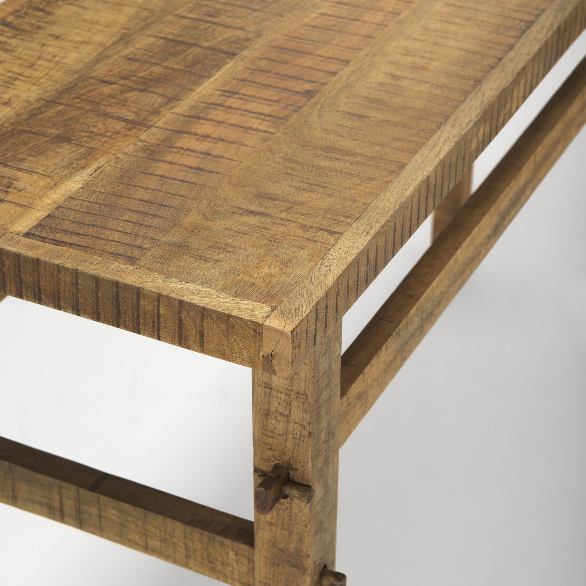 Close up of Rosie Small Brown Wood Console Table on a white background