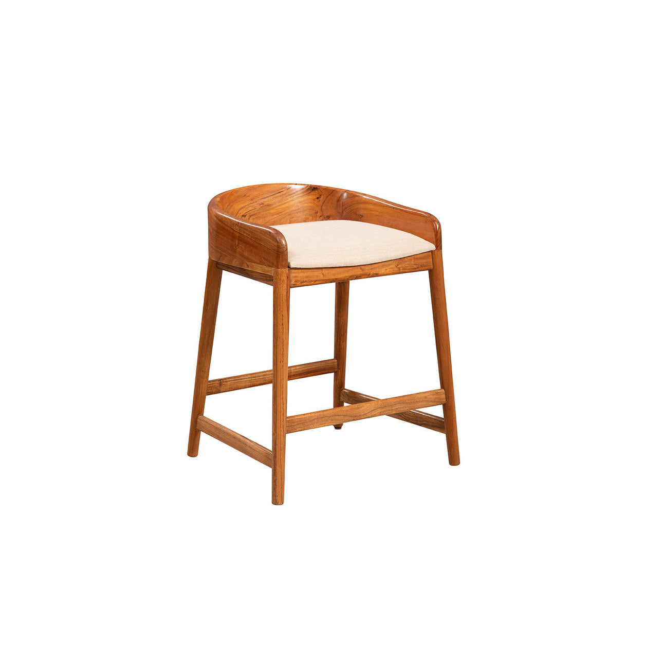 Wood counter stool with low back and neutral linen cushion on a white background