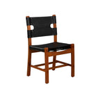 Wood 'serengeti' side chair by Furniture classics with black leather wrap around seat and back on a white background 