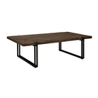 Furniture classics brand Sherwood coffee table with reclaimed dark stained top and double banded black metal legs on a white background