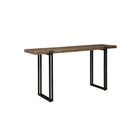 Furniture classics brand Sherwood console table with reclaimed dark stained top and double banded black metal legs on a white background