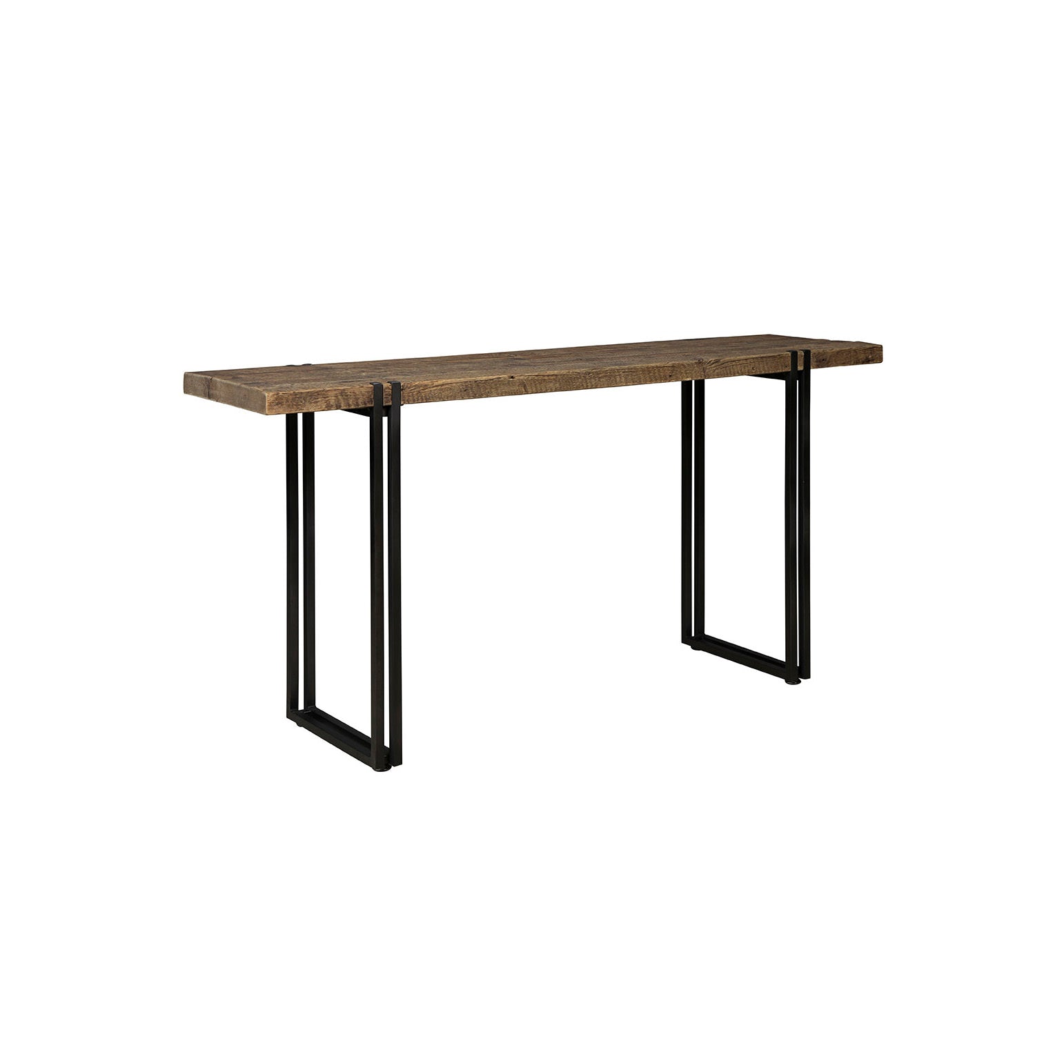 Furniture classics brand Sherwood console table with reclaimed dark stained top and double banded black metal legs on a white background