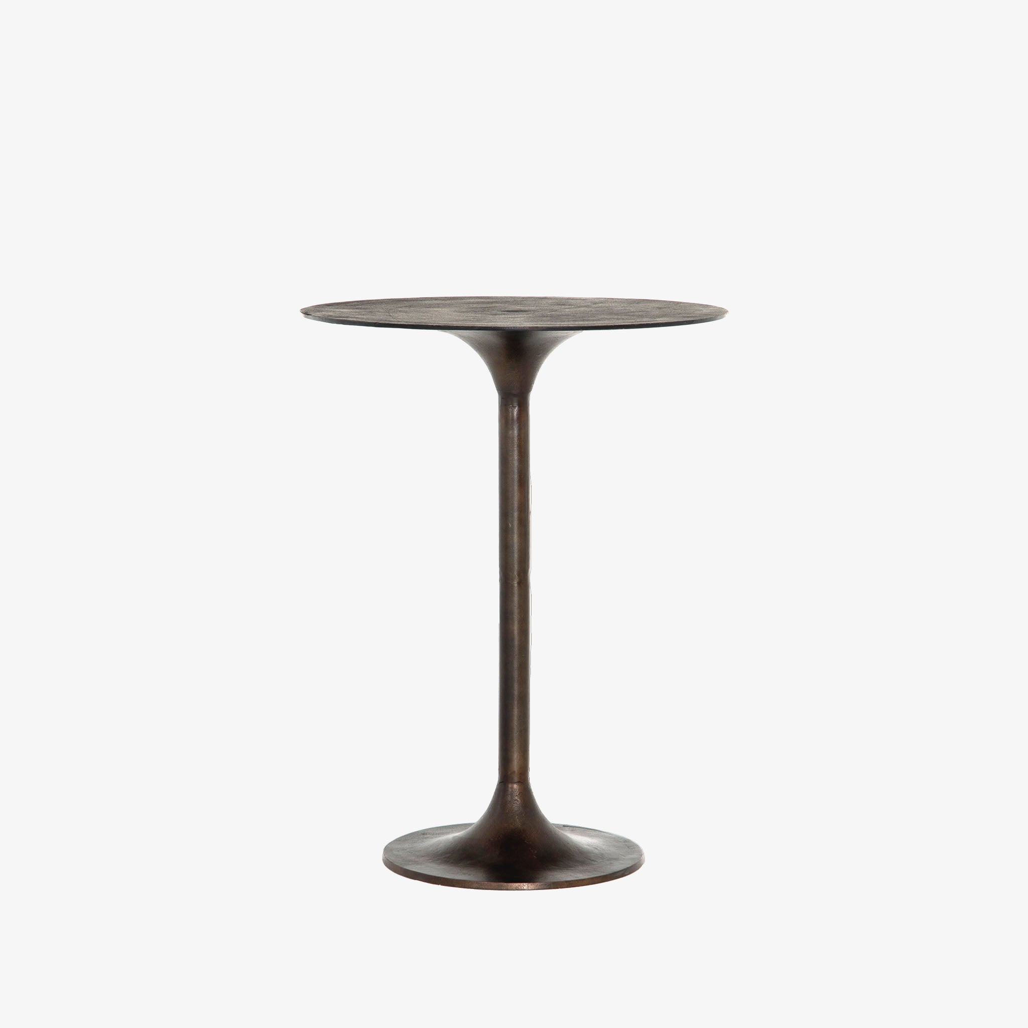 Antique rust colored 'Simone' metal bar height tulip table by four hands furniture on a white background