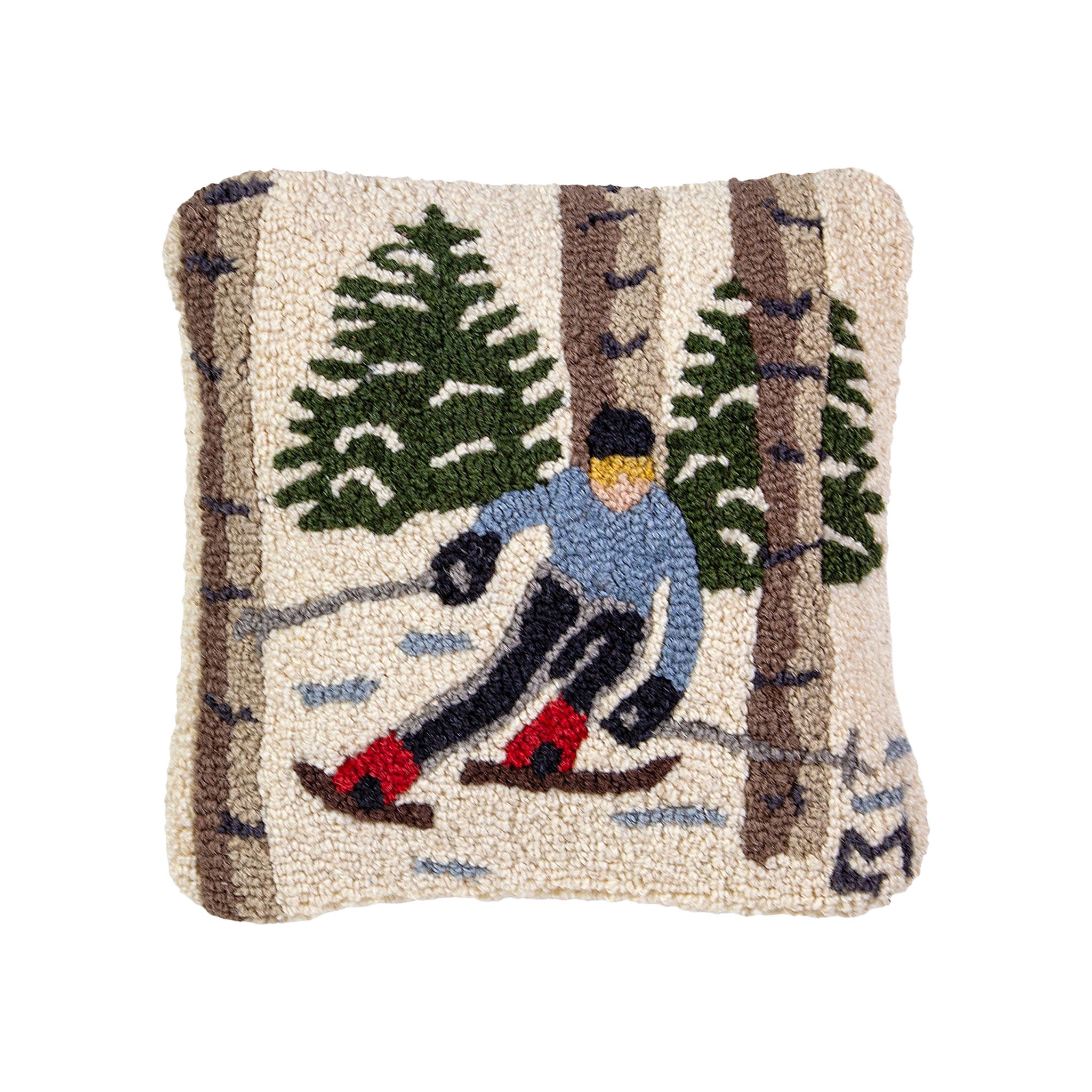 Chandler four corners Skiing The Trees Hand Hooked Throw Pillow on a white background