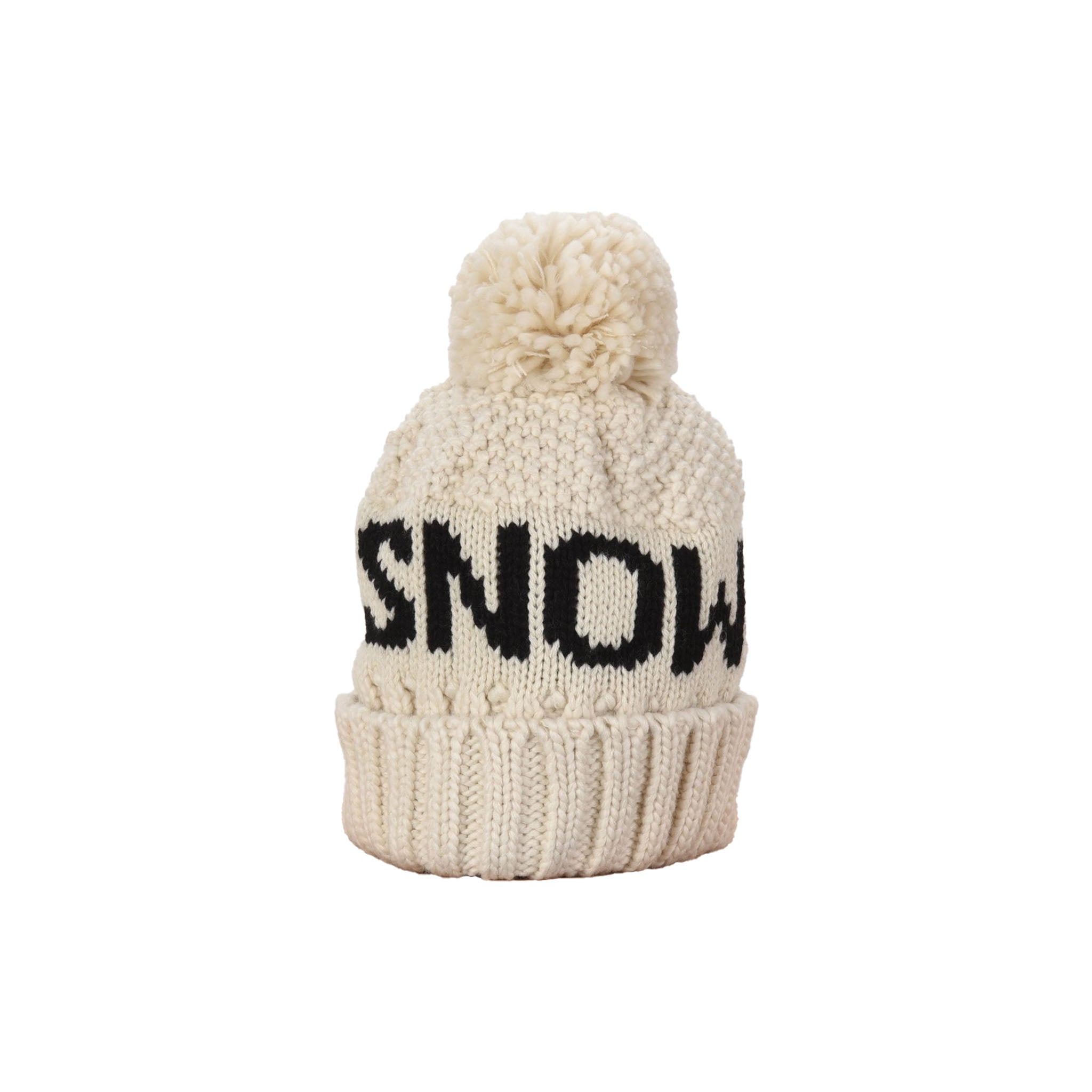 White acrylic pompom hat with SNOW embroidered