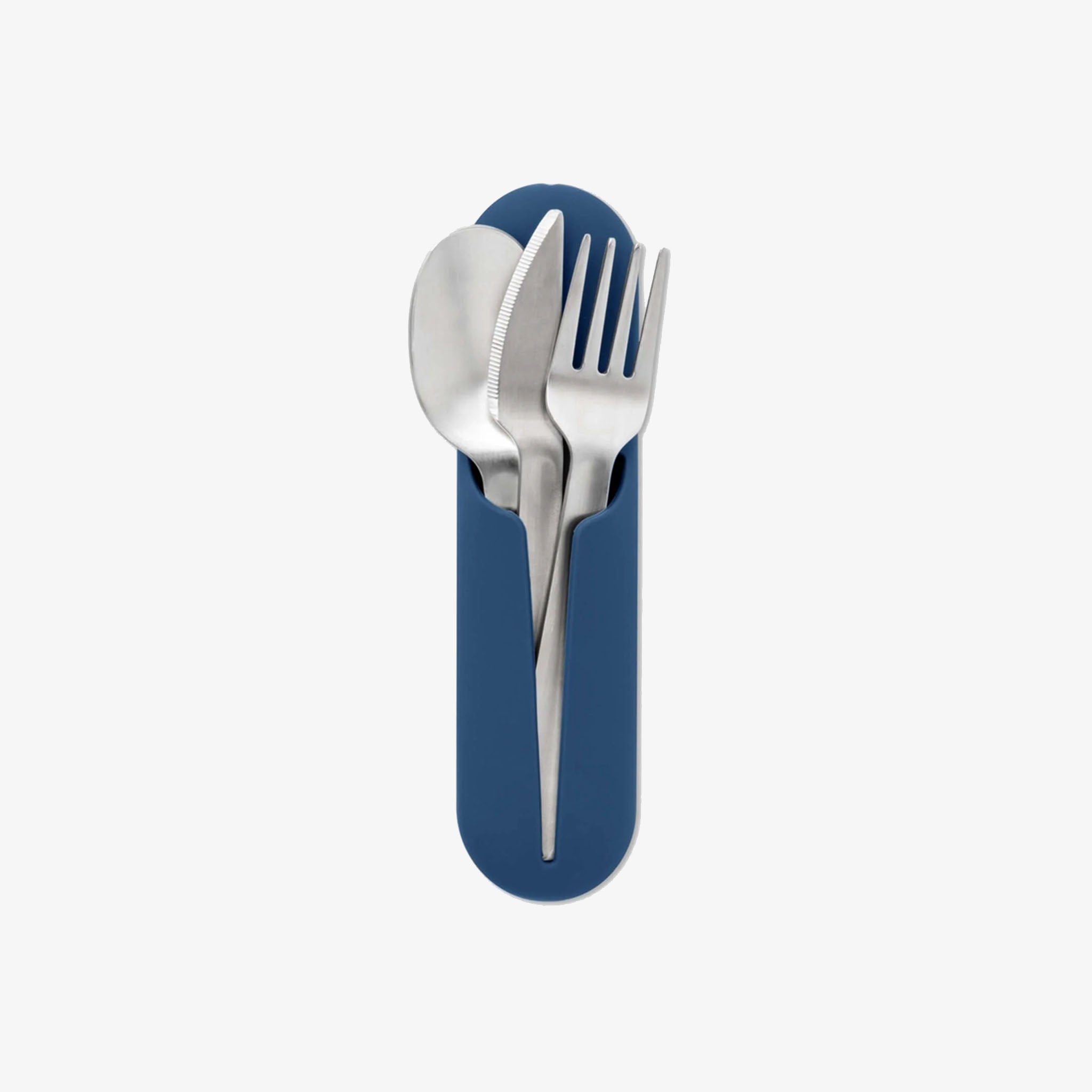 Stainless steel travel utensil set in a navy silicon carry sleeve on a white backgrounc