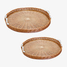 Bent Willow Round Wicker Tray with acrylic inserts and white vegan leather handles on a white background