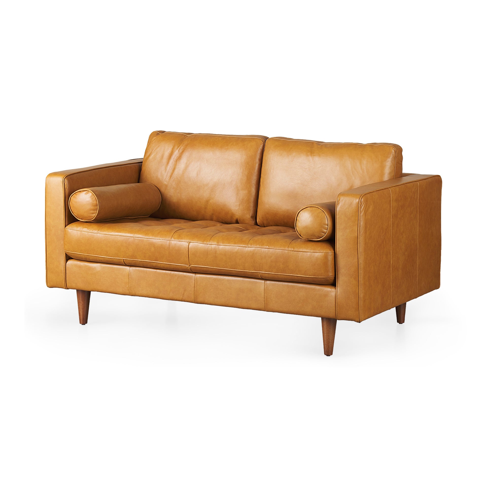 Svend Tan Leather Love Seat Sofa on a white background