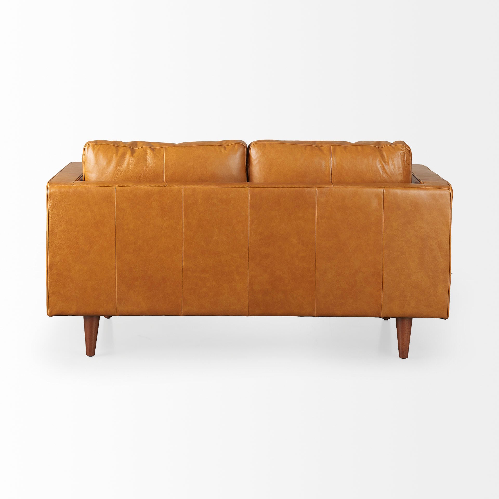 Svend Tan Leather Love Seat Sofa on a white background