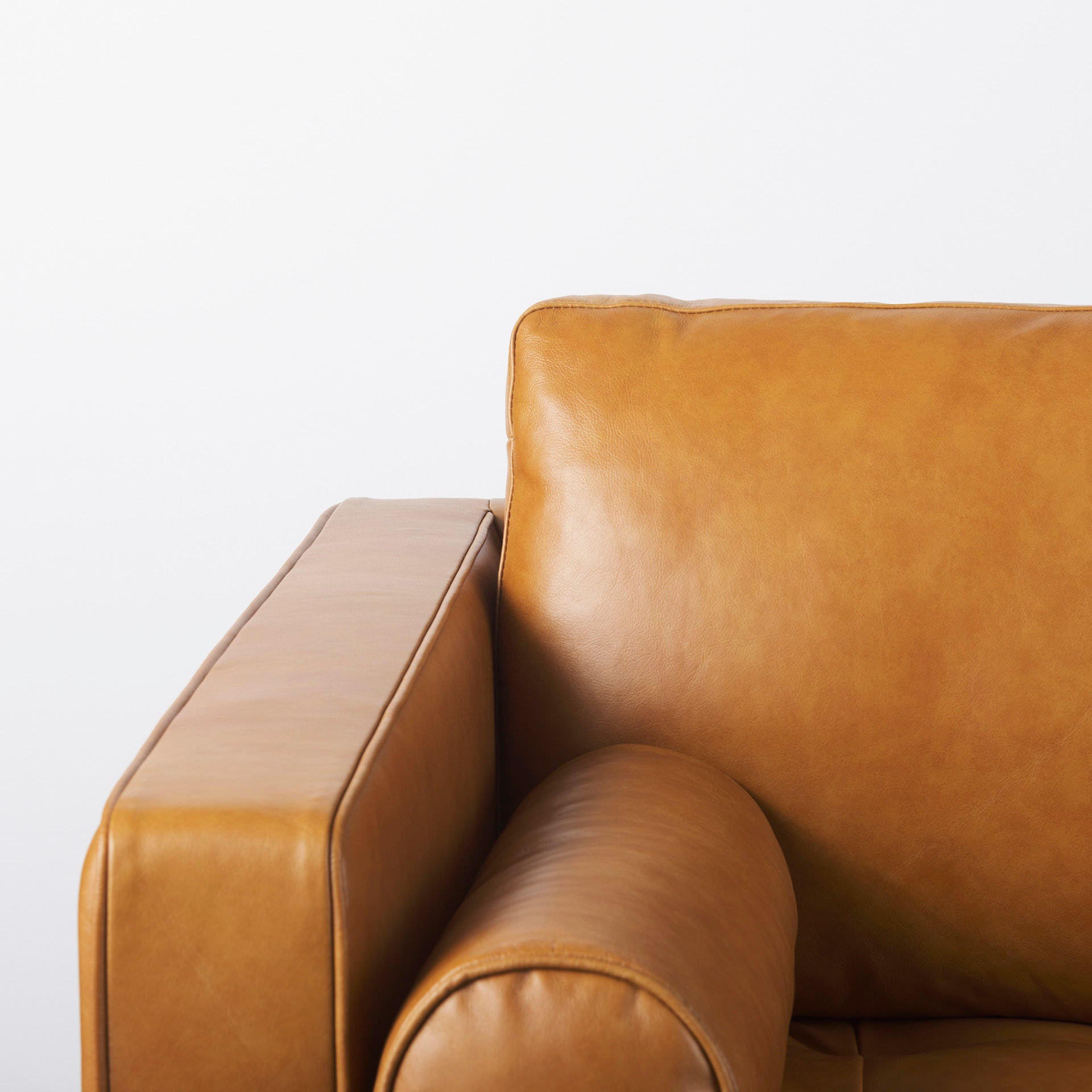 Close up of Svend Tan Leather Sofa on a white background