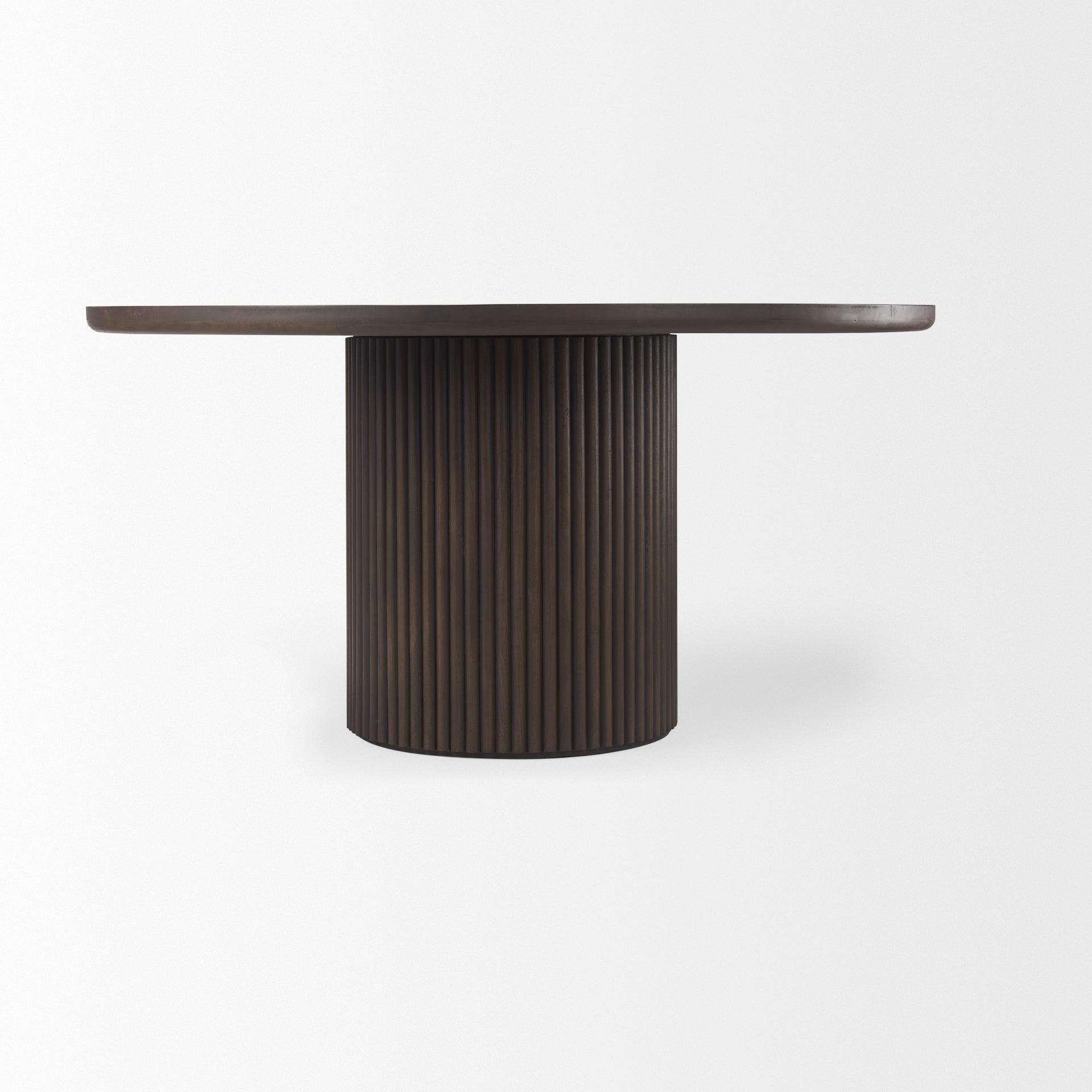 Terra Dark Brown Wood Round Fluted Dining Table on a white background