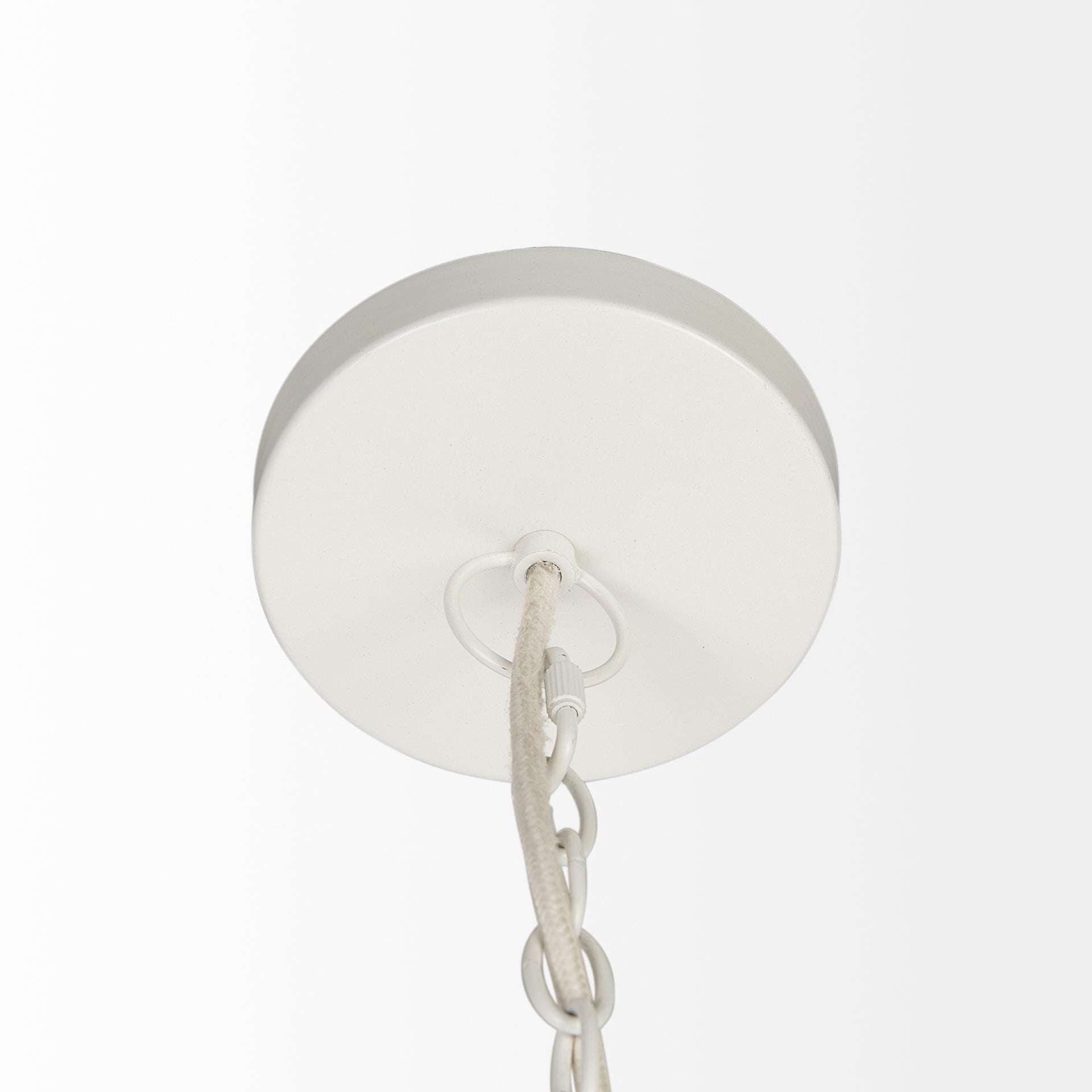 Close up of Theta 30.0 L x 30.0 W x 15.0 H White-Washed Beaded Chandelier on a white background