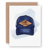 Trucker Hat Happy Birthday Card with blue hat and stitched patch that says happy birthday 