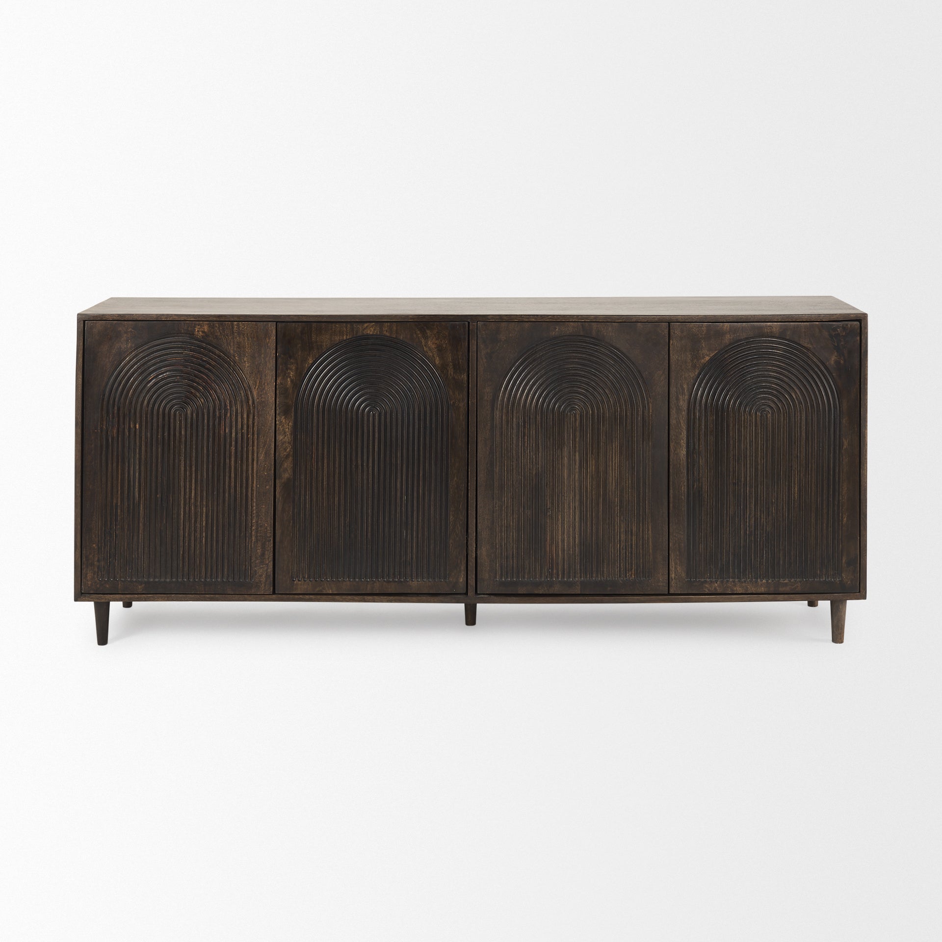 Mercana brand Tucker Dark Brown w/ Carved Arch Pattern 4 Door Sideboard on a white background