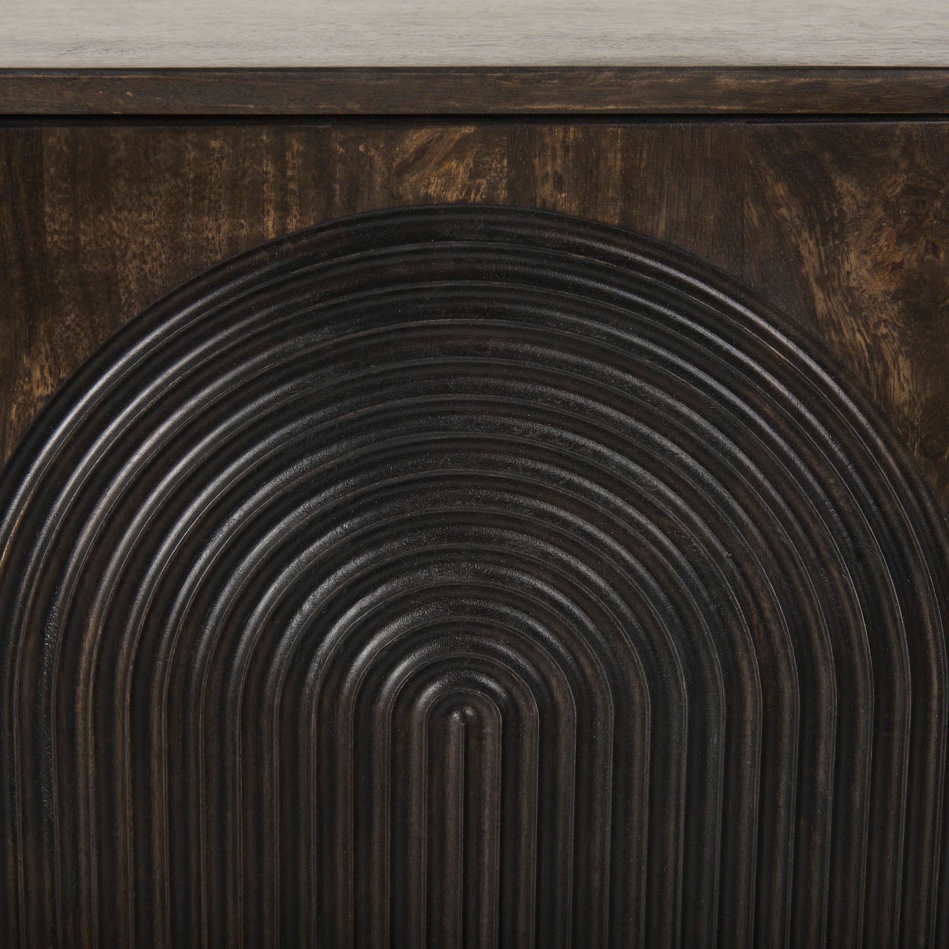 Close up of Tucker Dark Brown w/ Carved Arch Pattern 4 Door Sideboard