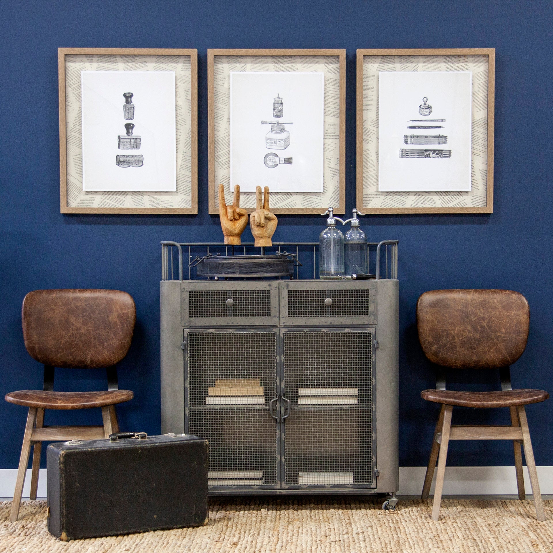 Udo Metal Frame Two Door Cabinet with Two Drawers & Wood Top Bar Cart in a vintage industrial  living room