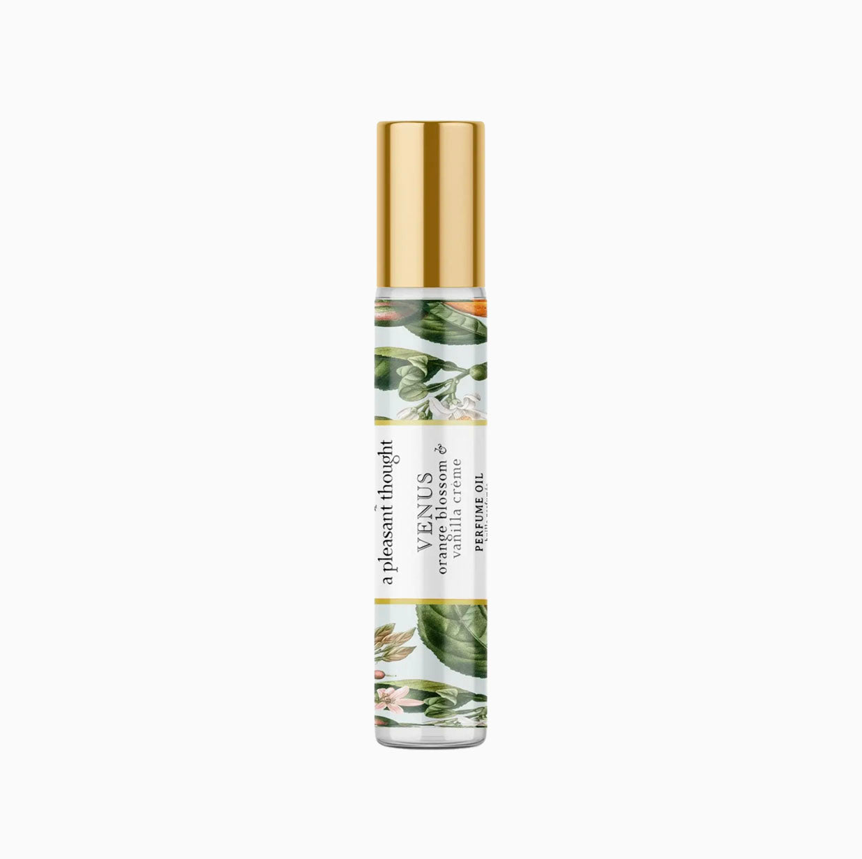 A pleasant thought Venus Orange Blossom + Vanilla Crème Perfume Oil on a white background