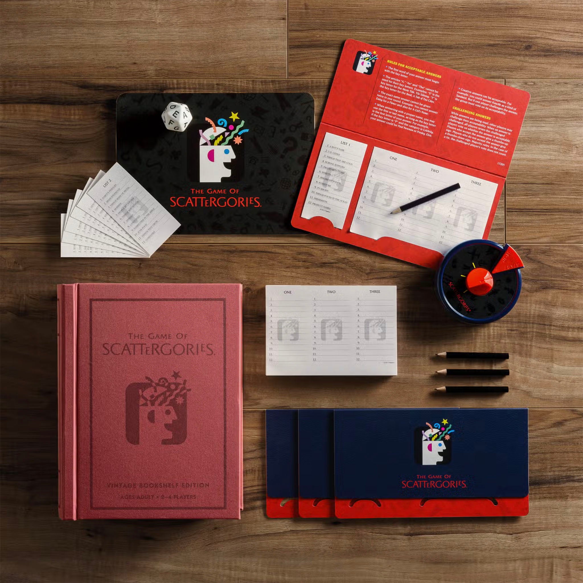 Vintage Bookshelf Edition Scattergories on a wood table displaying all teh game components 