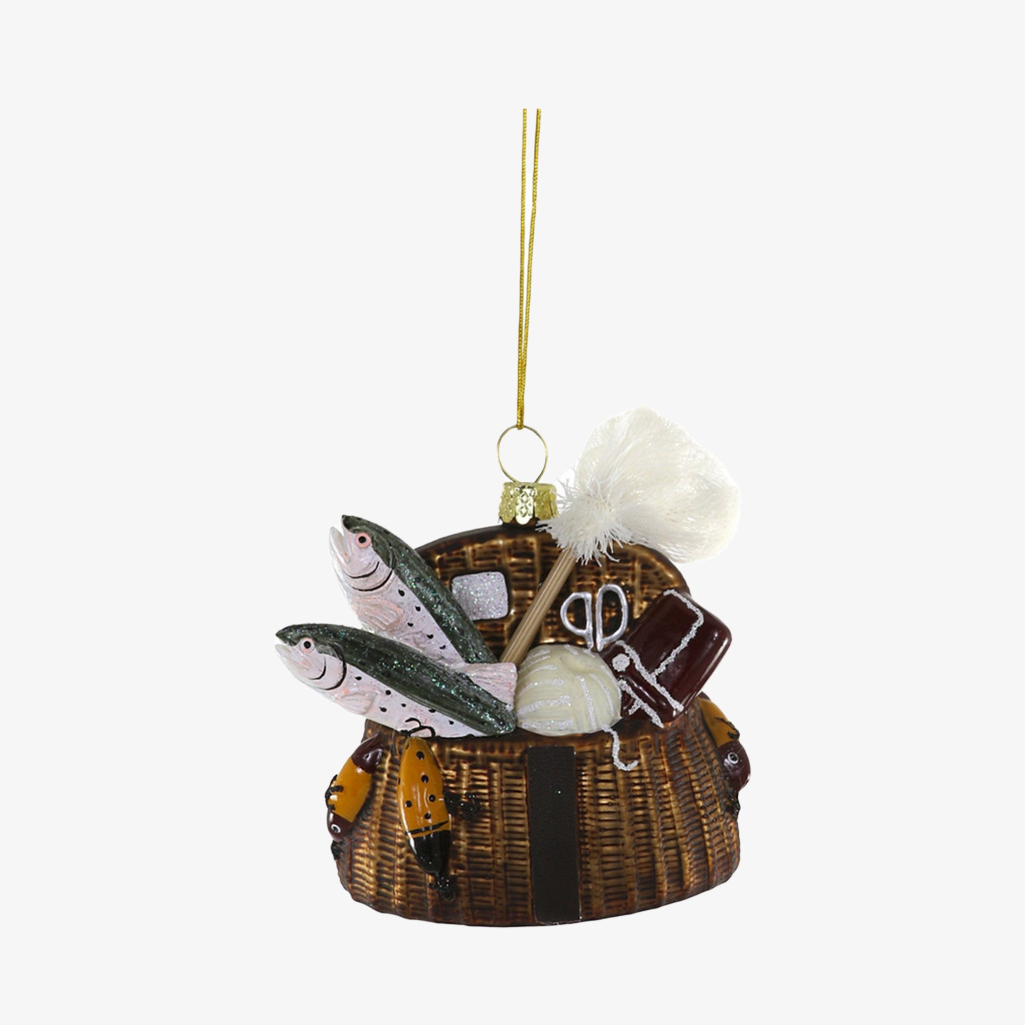 Vintage Fishing Creel Ornament with wicker basket and fish on a white background