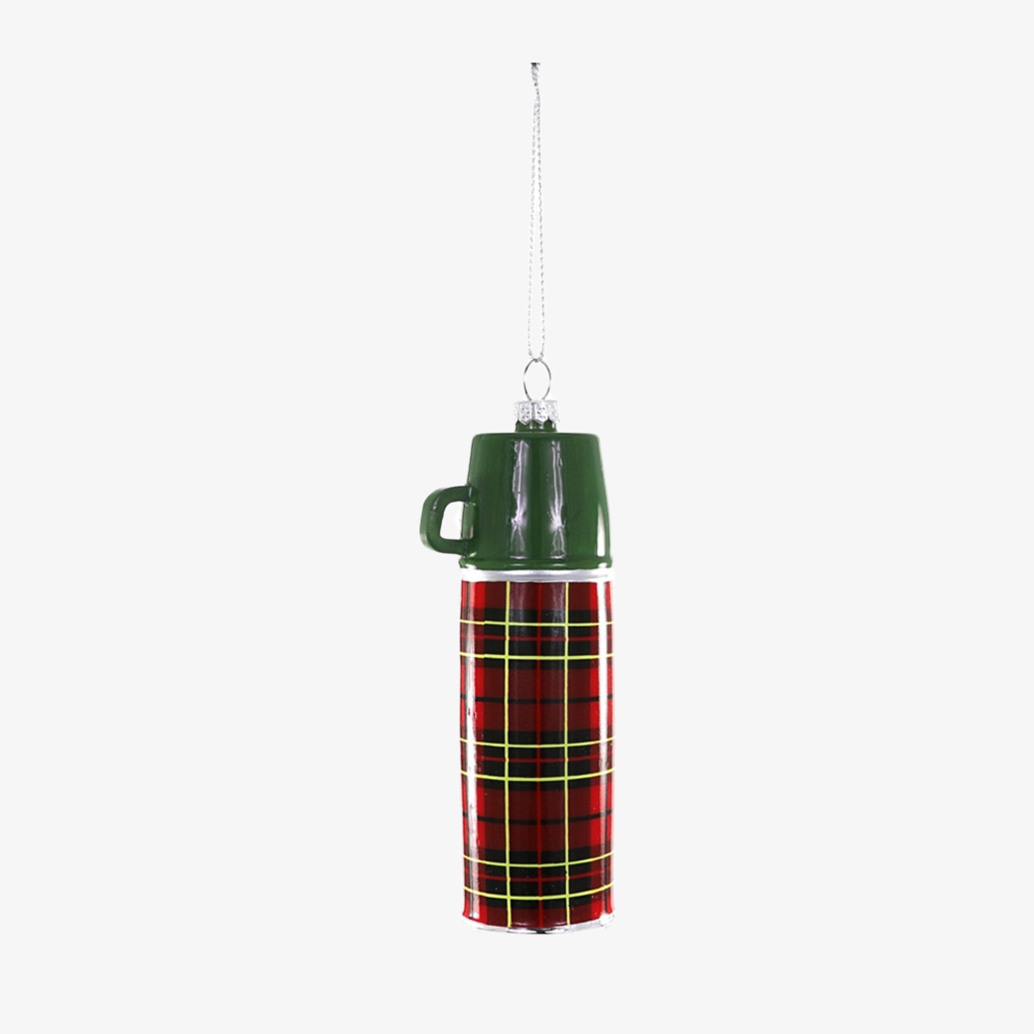 Vintage plaid Thermos Ornament by cody foster with green cap