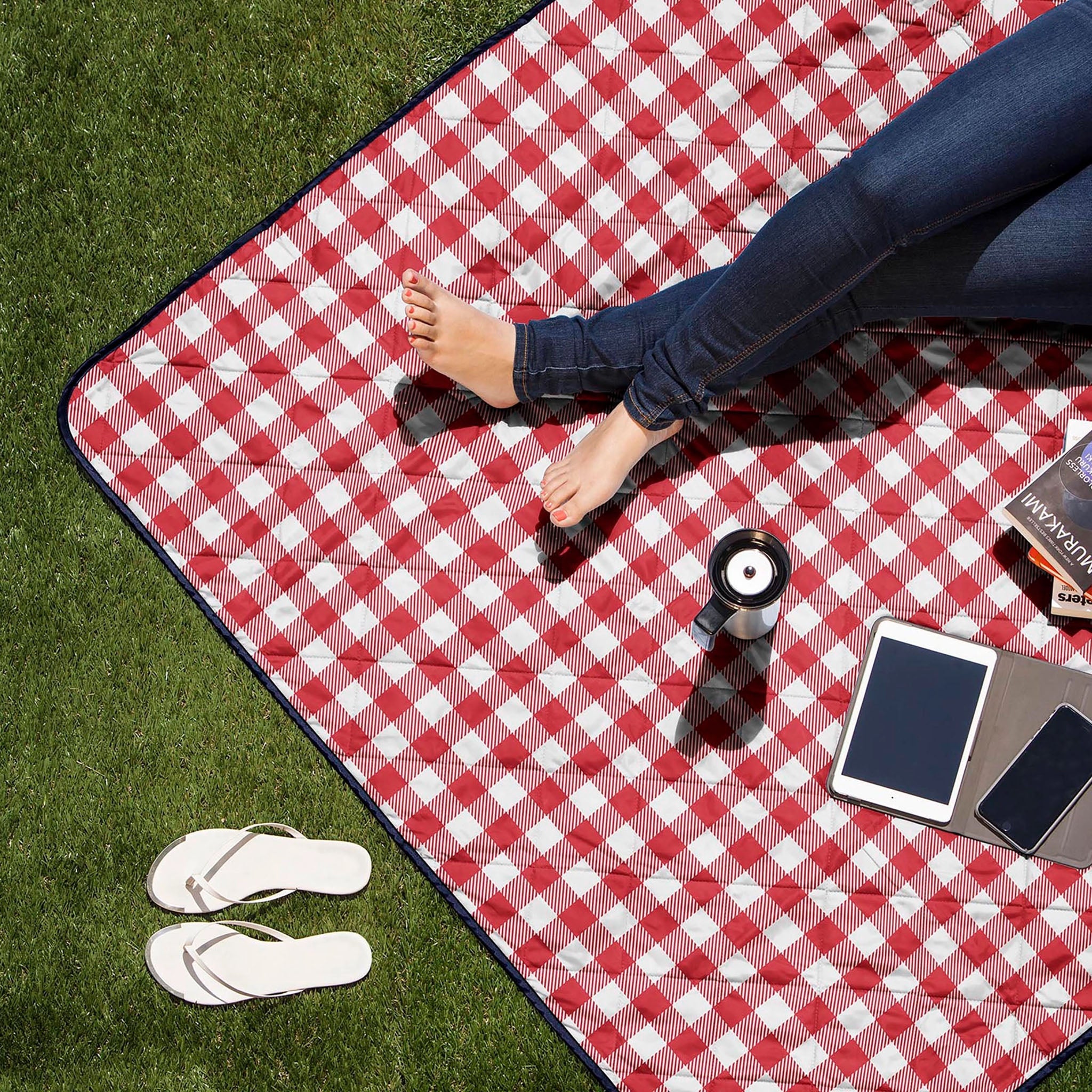 Red and White Check Outdoor Picnic Blanket - Addison West 