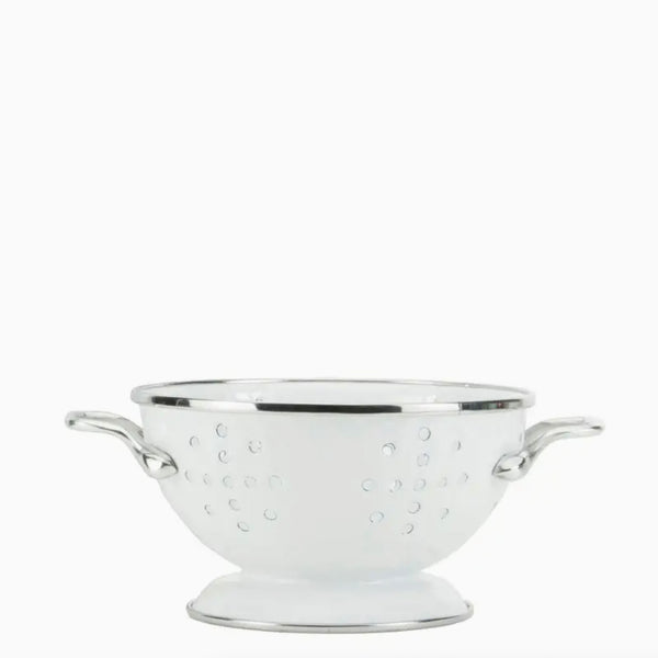 Golden Rabbit brans White Enamelware Colander in small one quart size on a white background