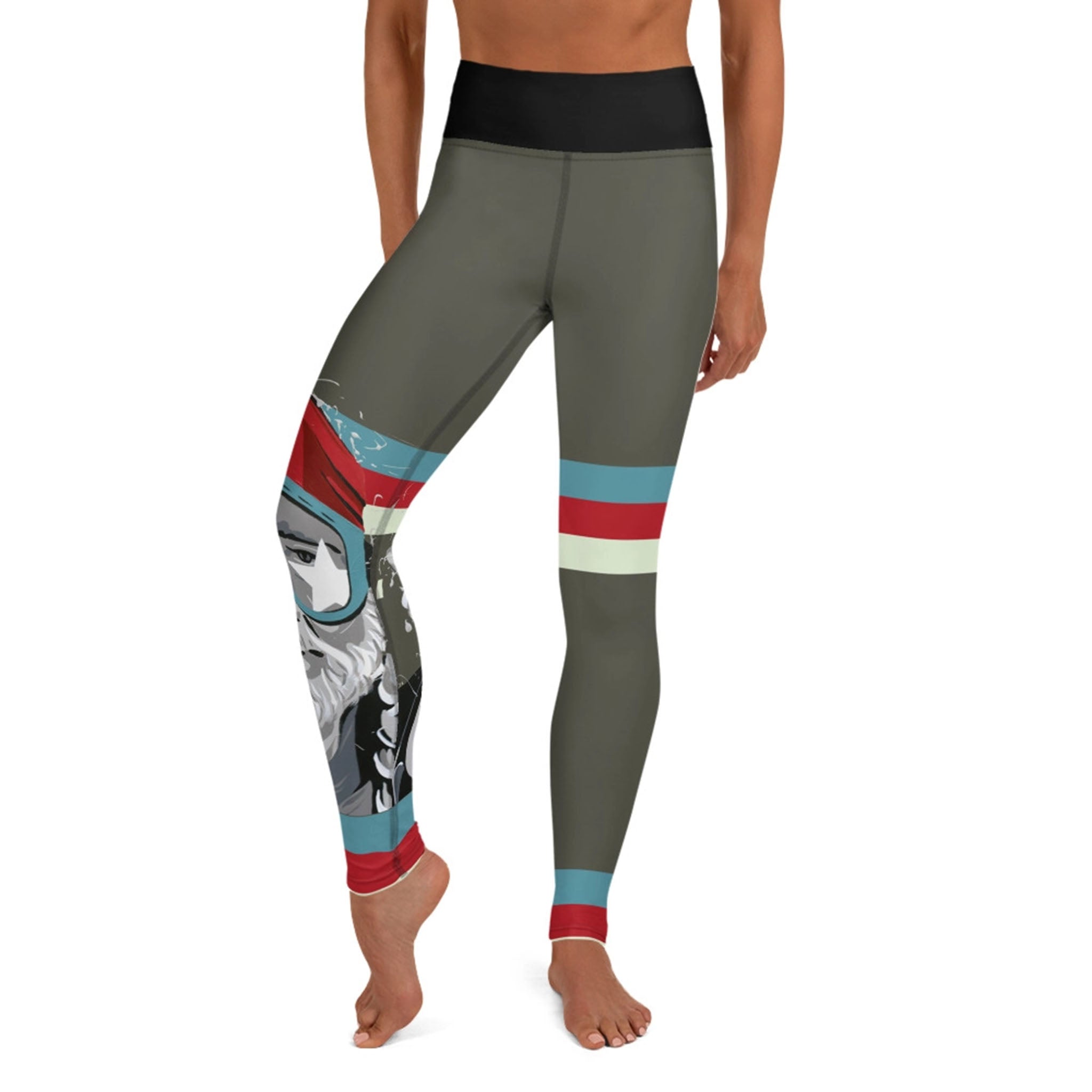 Model wearing grey and red and white Willie Apres Ski Yoga Leggings on a white background