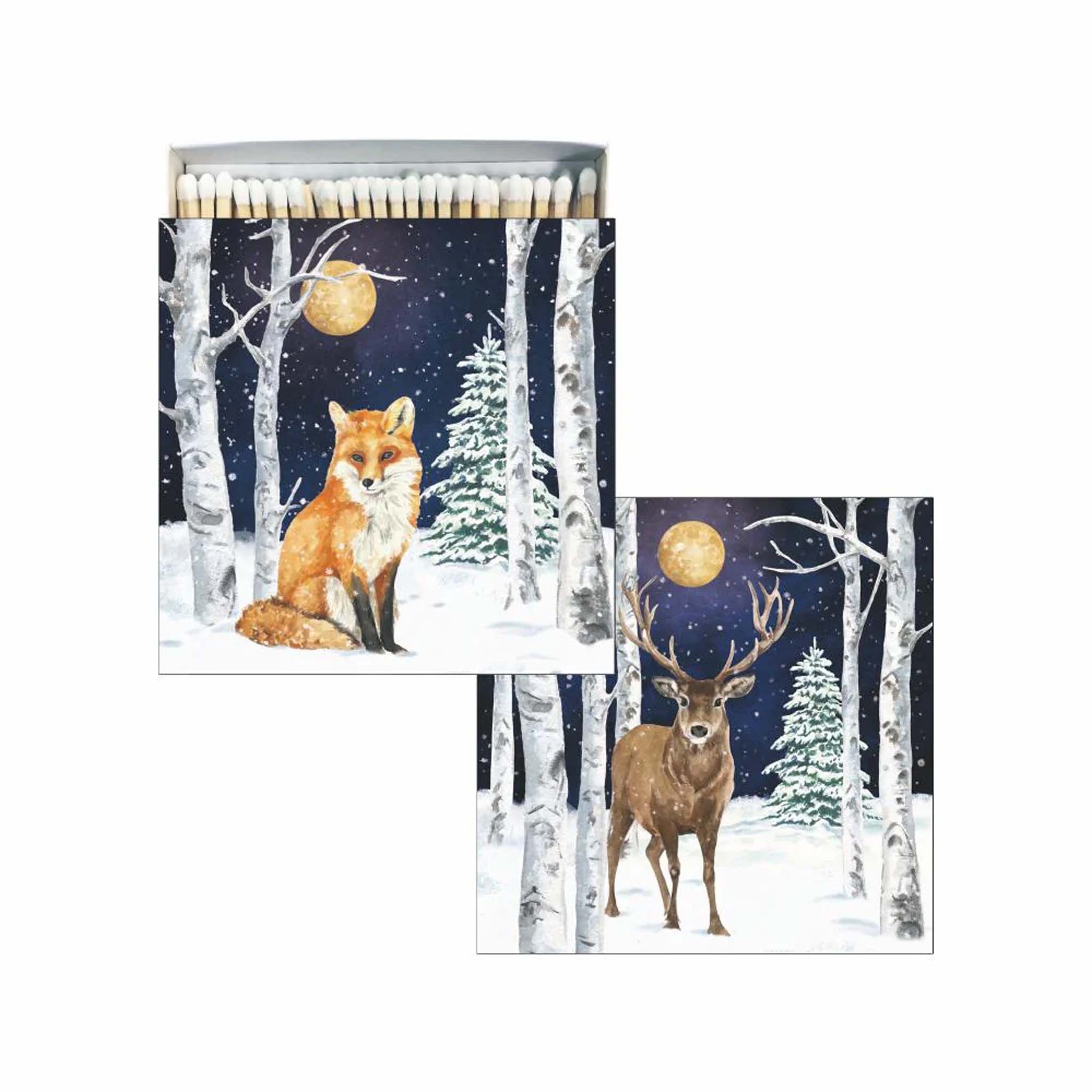 Square match box with winter fox and buck in the moonlight on a white background