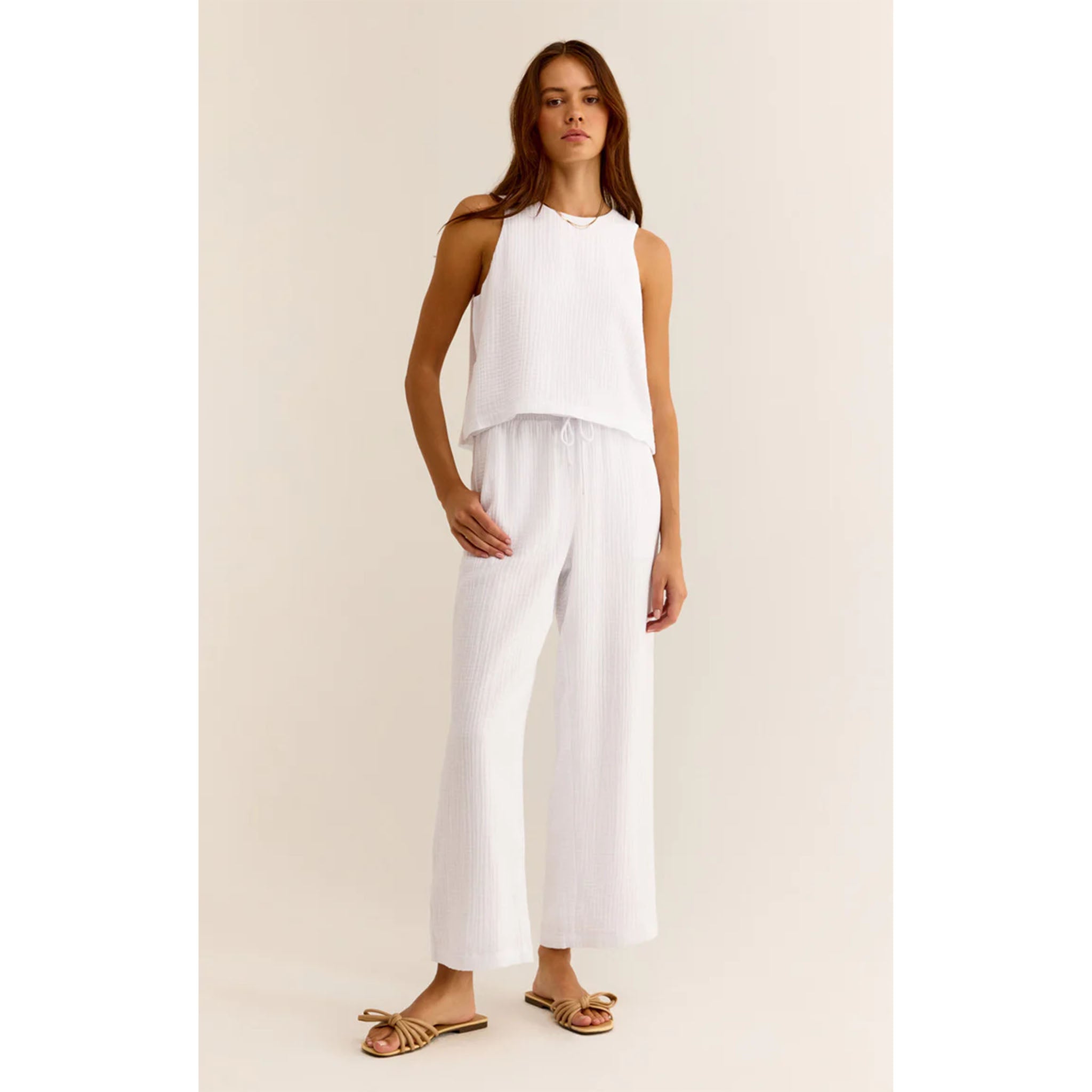 Model wearing Z Supply Bondi Gauze Pant White in front of a neutral backdrop 