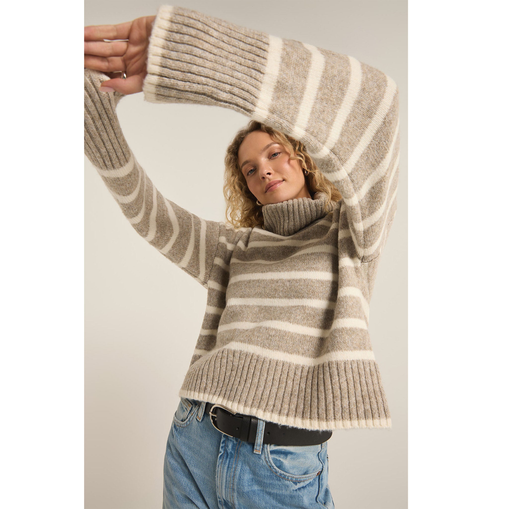 Z Supply Josephine Stripe Sweater Heather Taupe - Addison West 