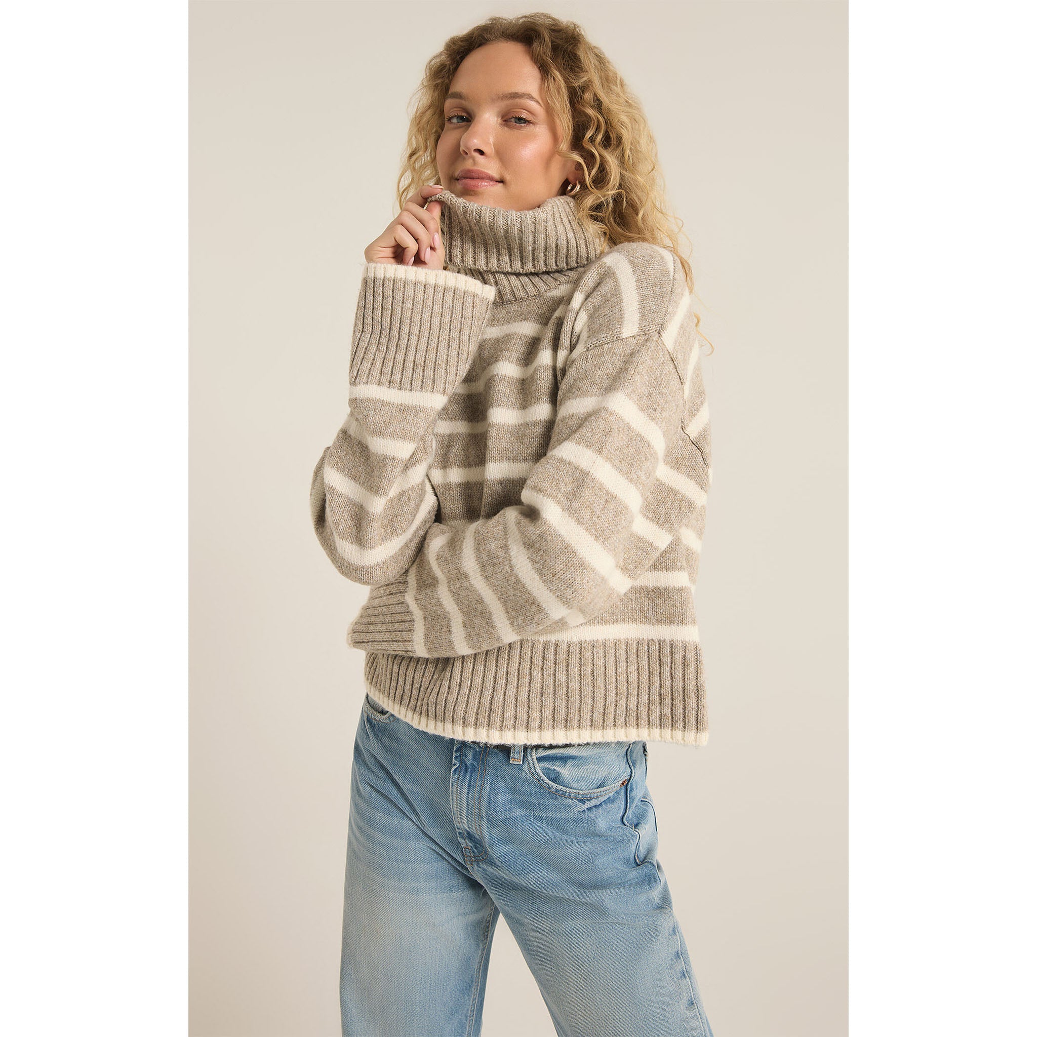 Z Supply Josephine Stripe Sweater Heather Taupe - Addison West 