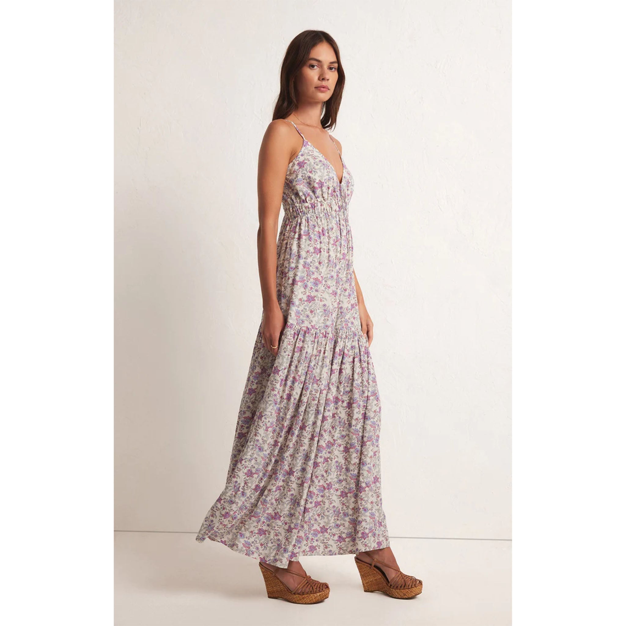 Model wearing Z Supply Lisbon Floral Maxi Dress in Sandstone in front of a white backdrop 