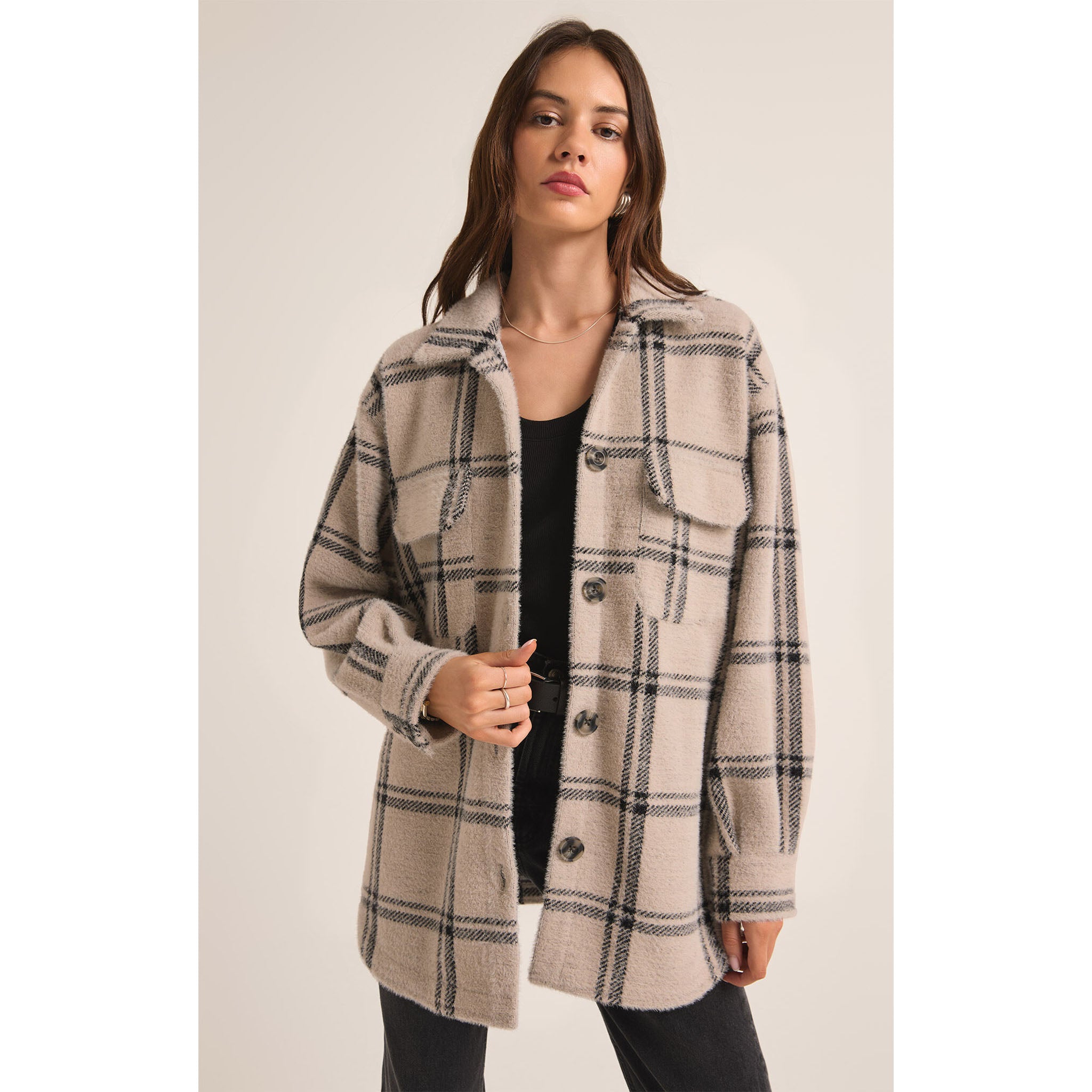 Model wearing Z Supply Plaid Tucker Jacket in Crystal Grey with black pants and top- Addison West 