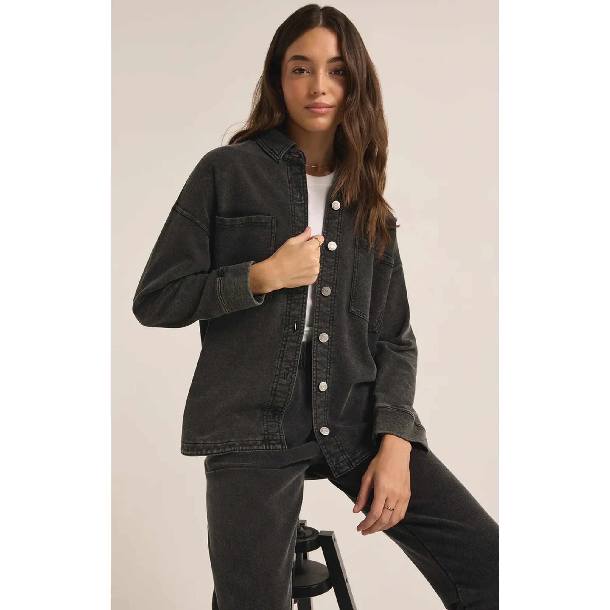 Z Supply All Day Knit Denim Jacket in Vintage Black - Addison West 