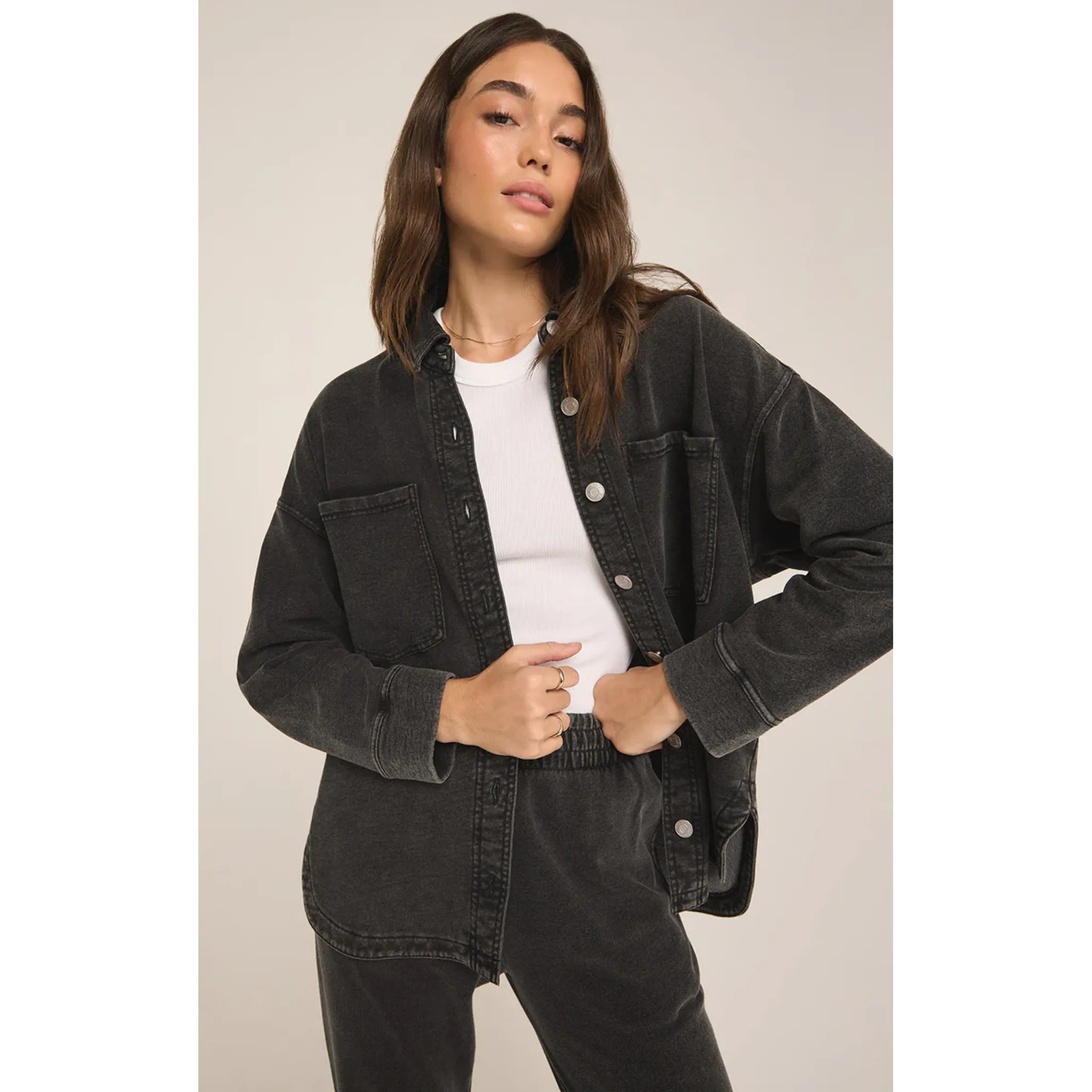 Z Supply All Day Knit Denim Jacket in Vintage Black - Addison West 