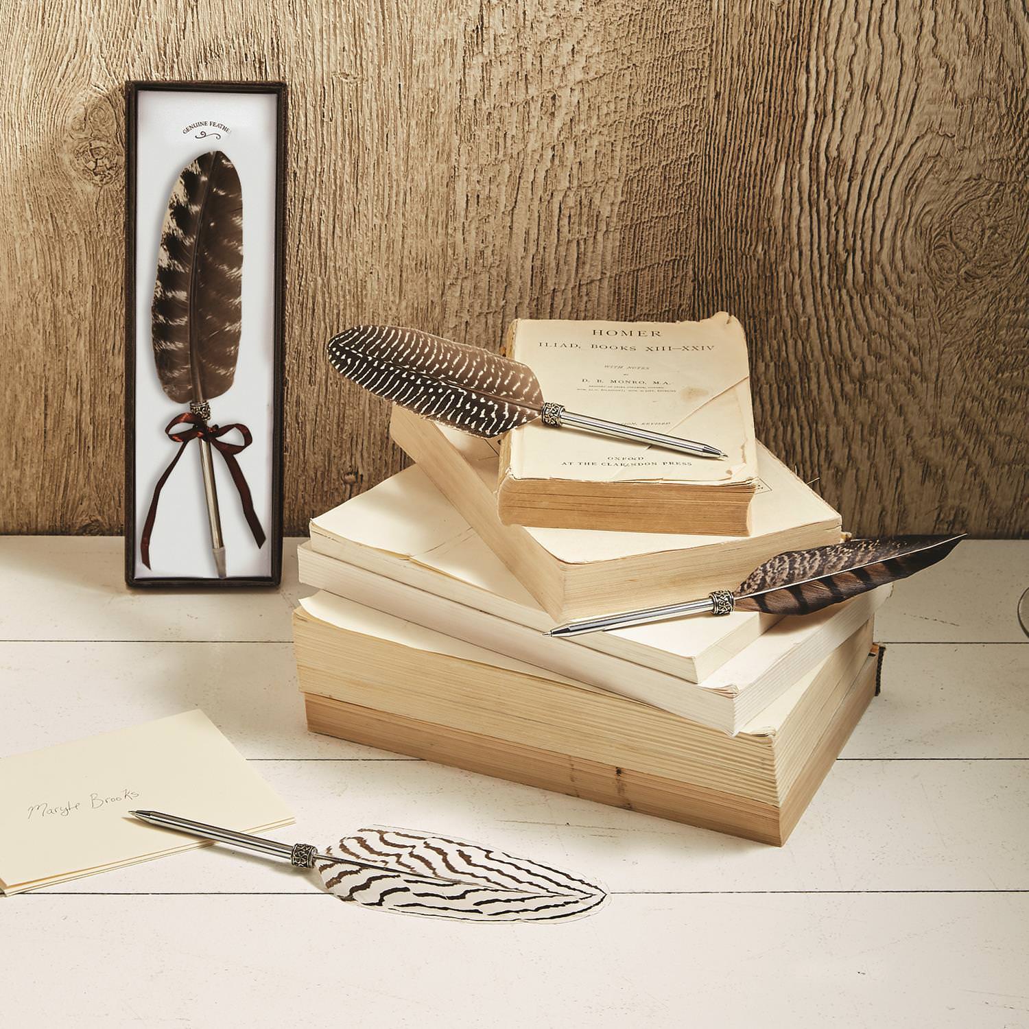 Feather pens on books with a natural wood background at Addison West