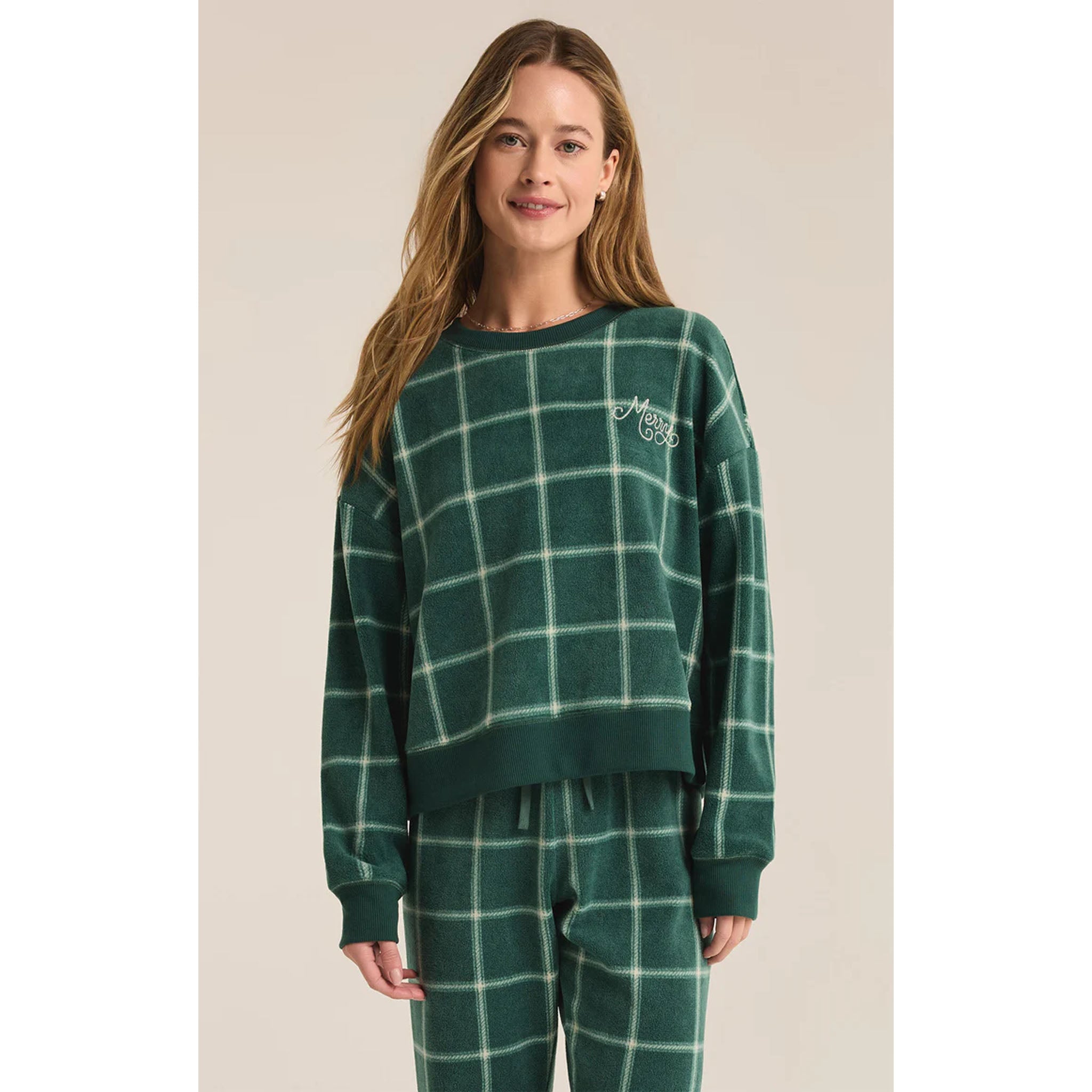 Model wearing Z Supply Plaid LS Top in Noble Fir in front of a neutral background