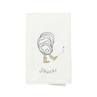 White tea towel with oyster and 'shucks' written on it on a white background